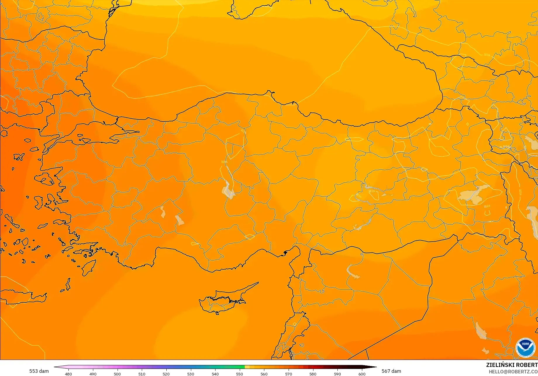 GFS modelo - Turquía, Altura geopotencial a 500 hPa