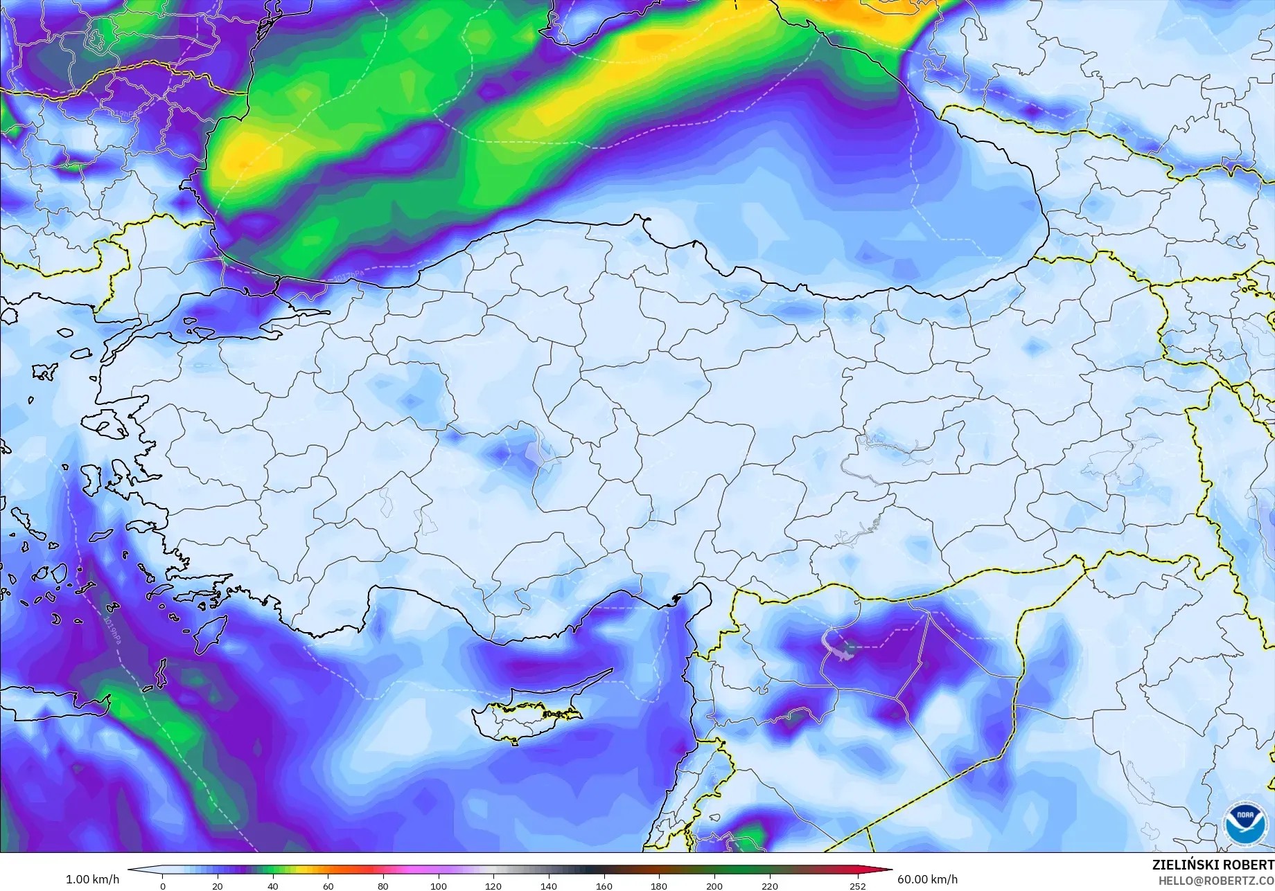 GFS modelo - Turquía, Ráfagas de viento