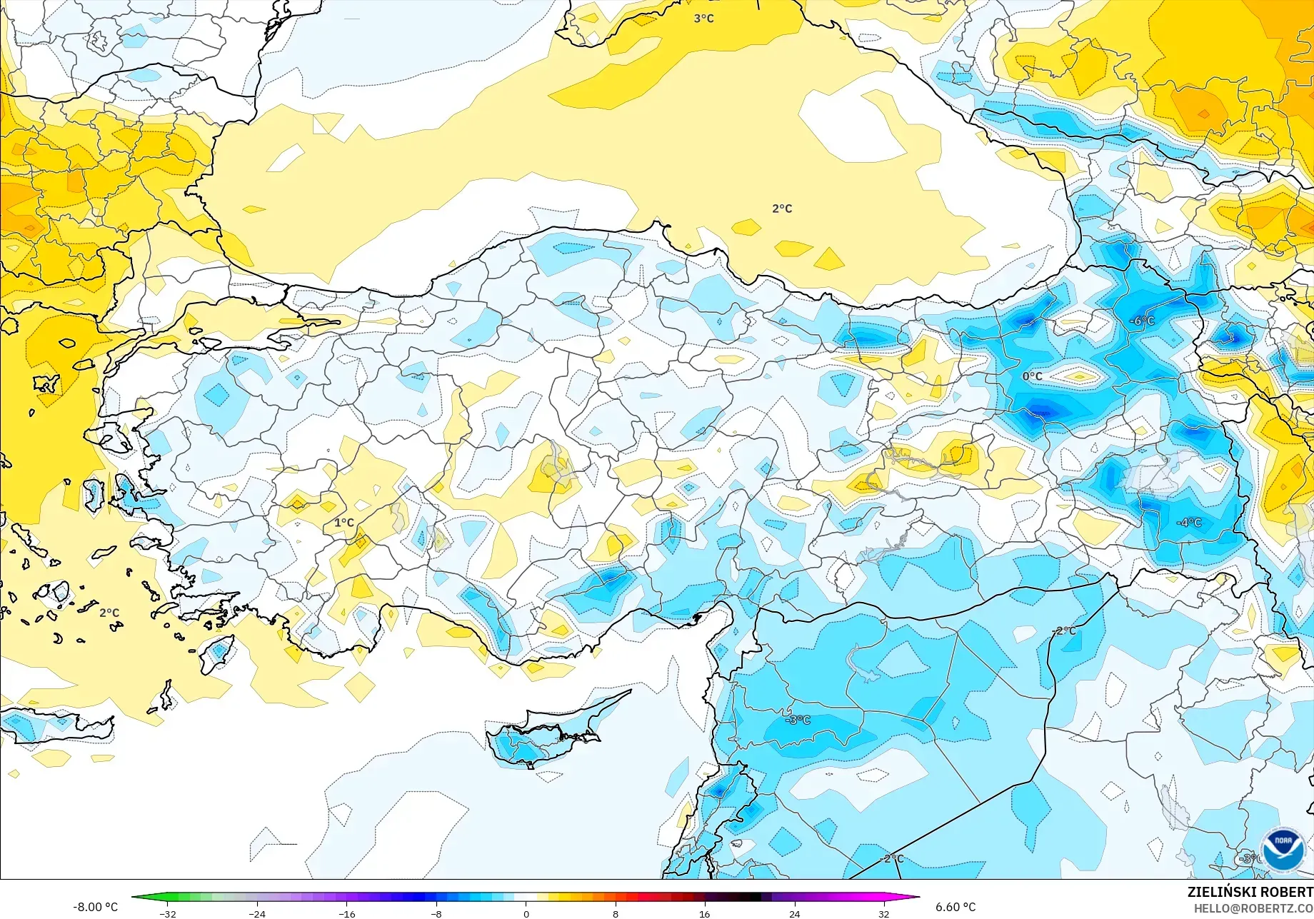 GFS modelo - Turquía, Anomalía de temperatura a 2 m
