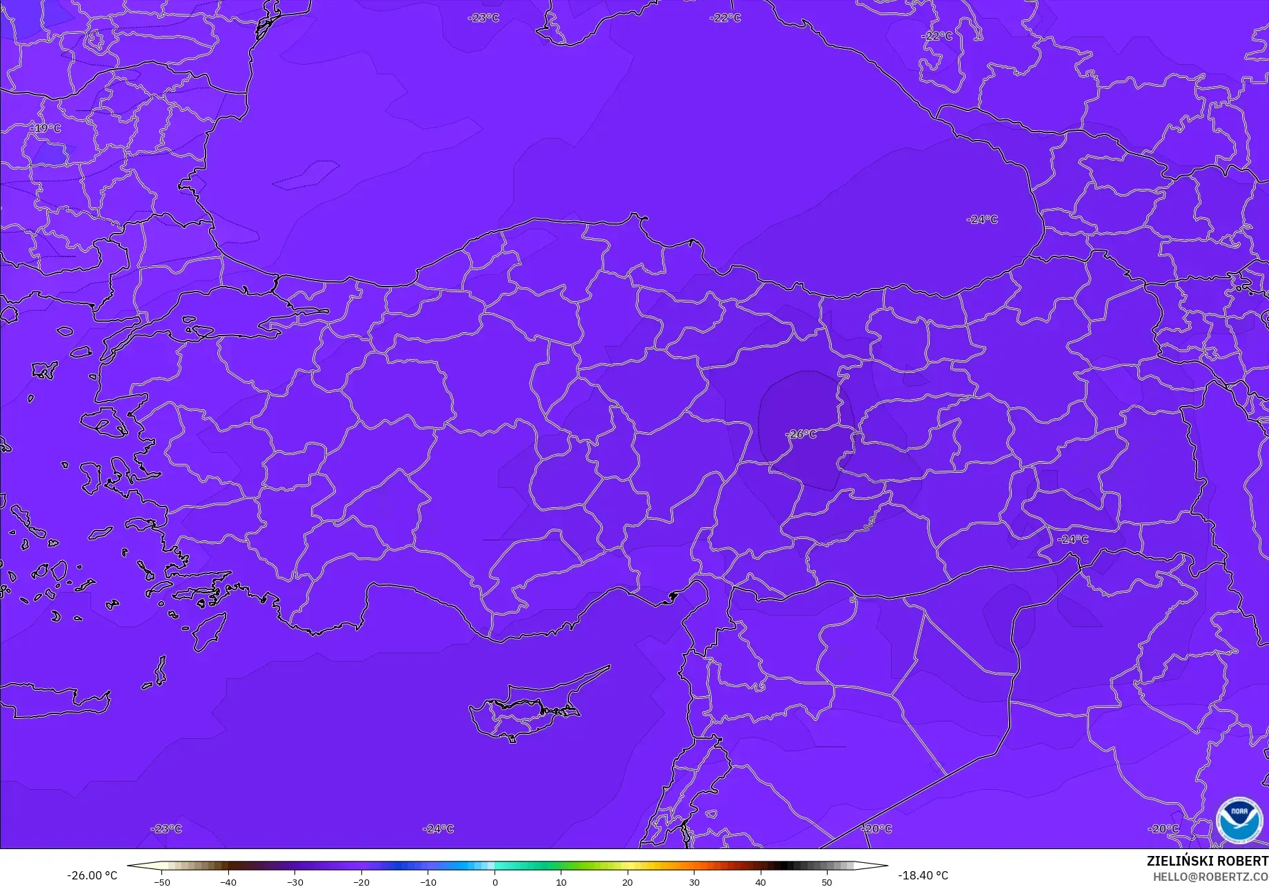 GFS modelo - Turquía, Temperatura a 500 hPa