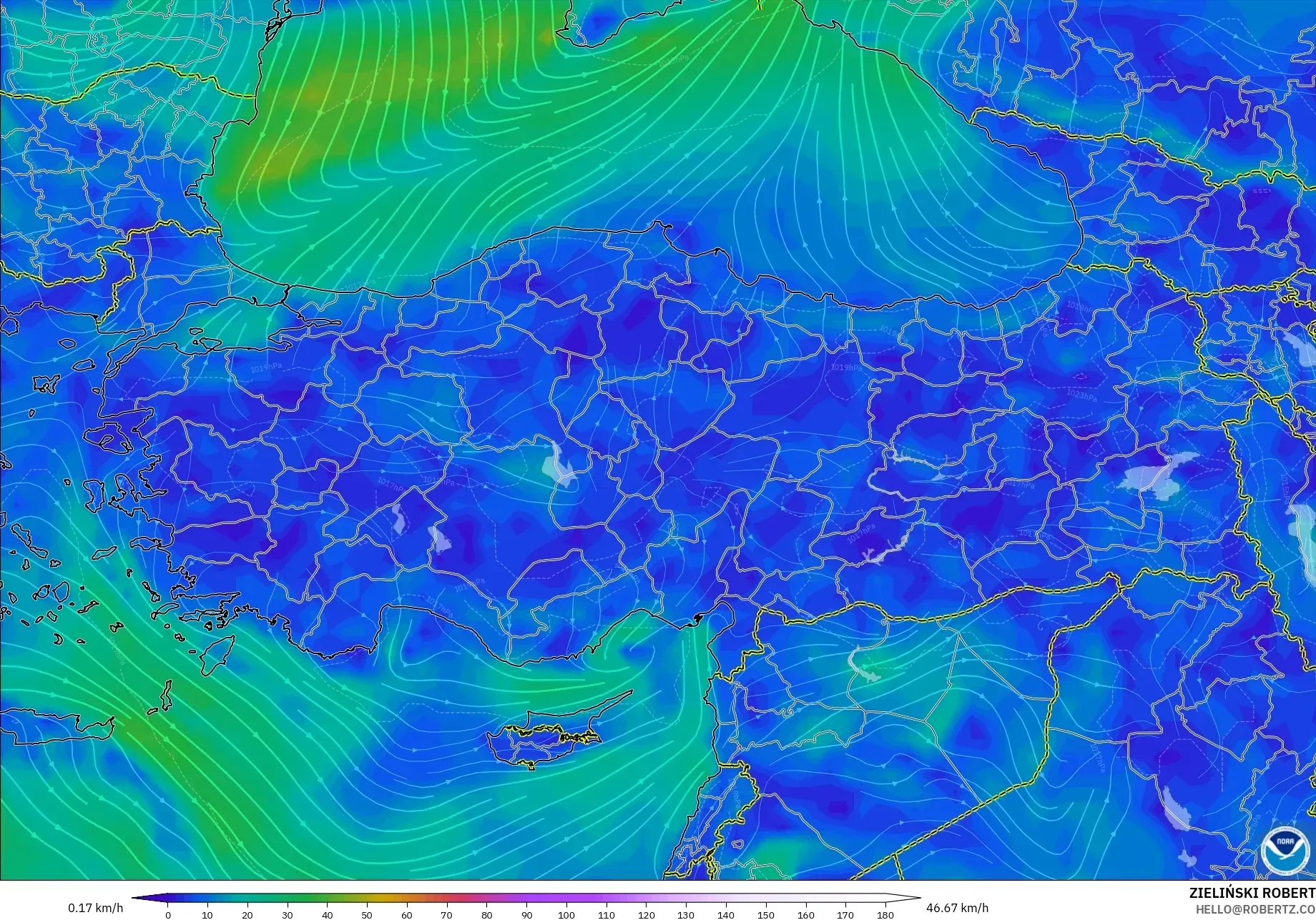 GFS modelo - Turquía, Viento a 10 m