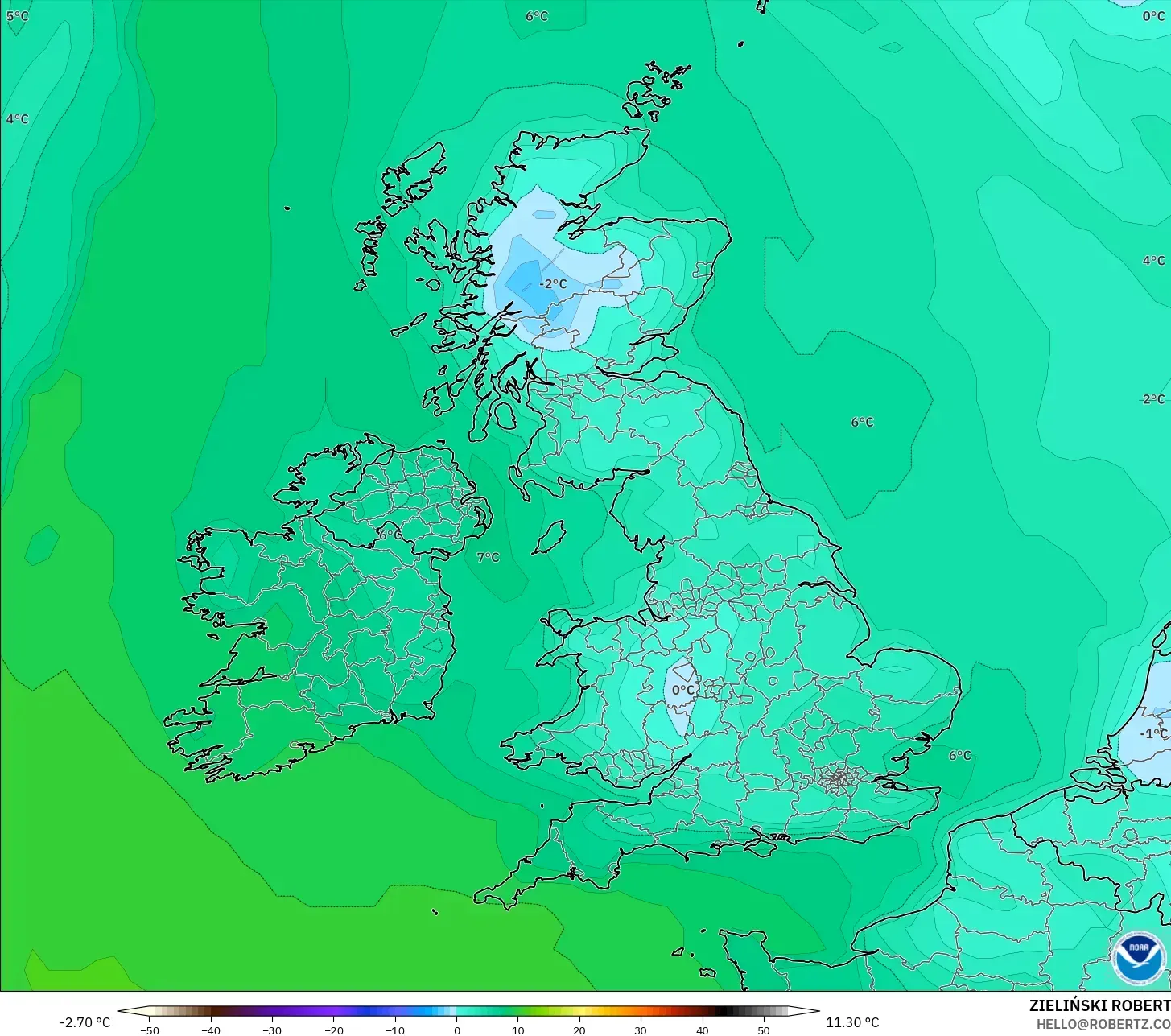 GFS modelo - Reino Unido, Punto de rocío a 2 m