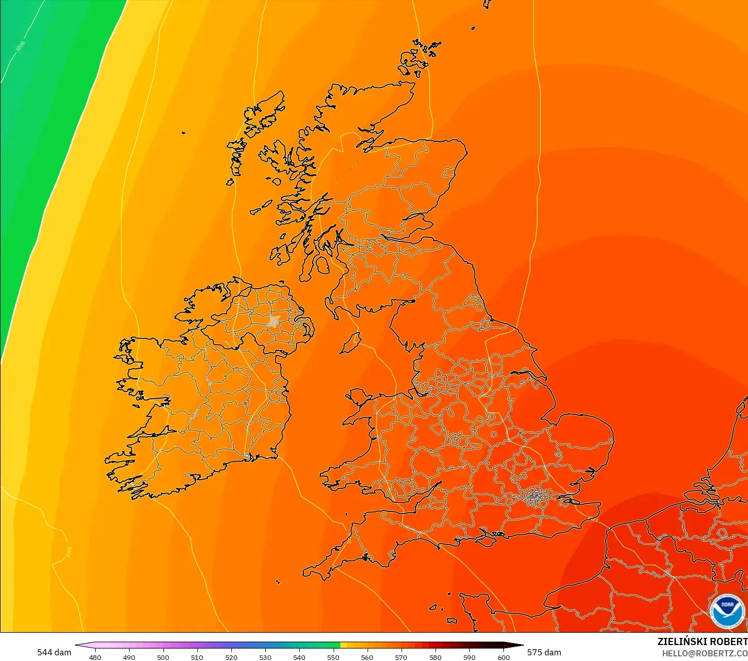 GFS modelo - Reino Unido, Altura geopotencial a 500 hPa