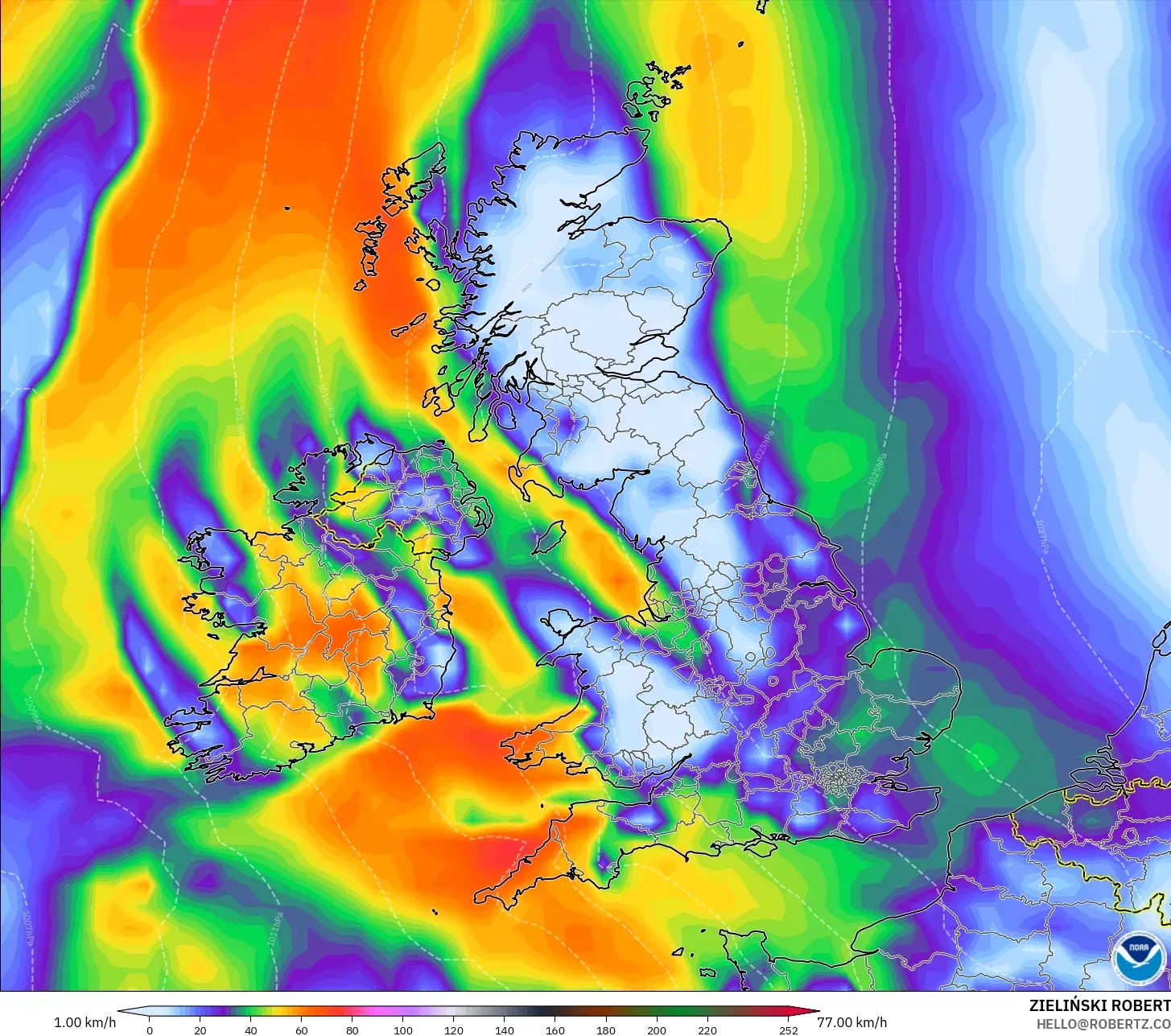 GFS modelo - Reino Unido, Ráfagas de Viento Máximas