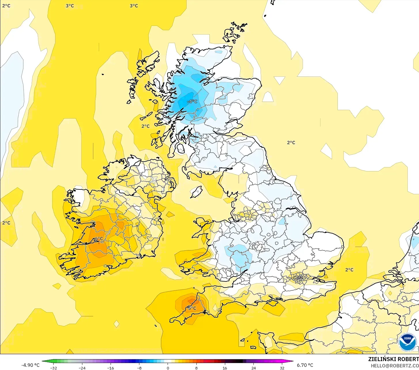 GFS modelo - Reino Unido, Anomalía de temperatura a 2 m