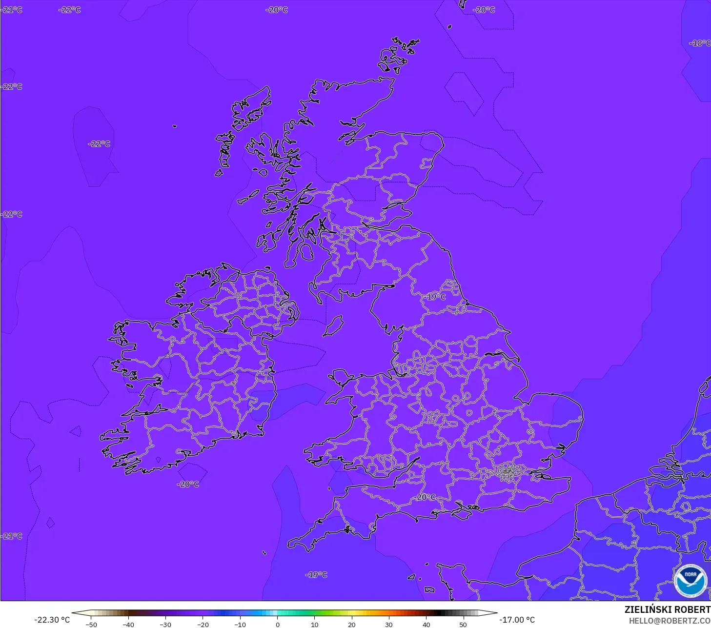 GFS modelo - Reino Unido, Temperatura a 500 hPa