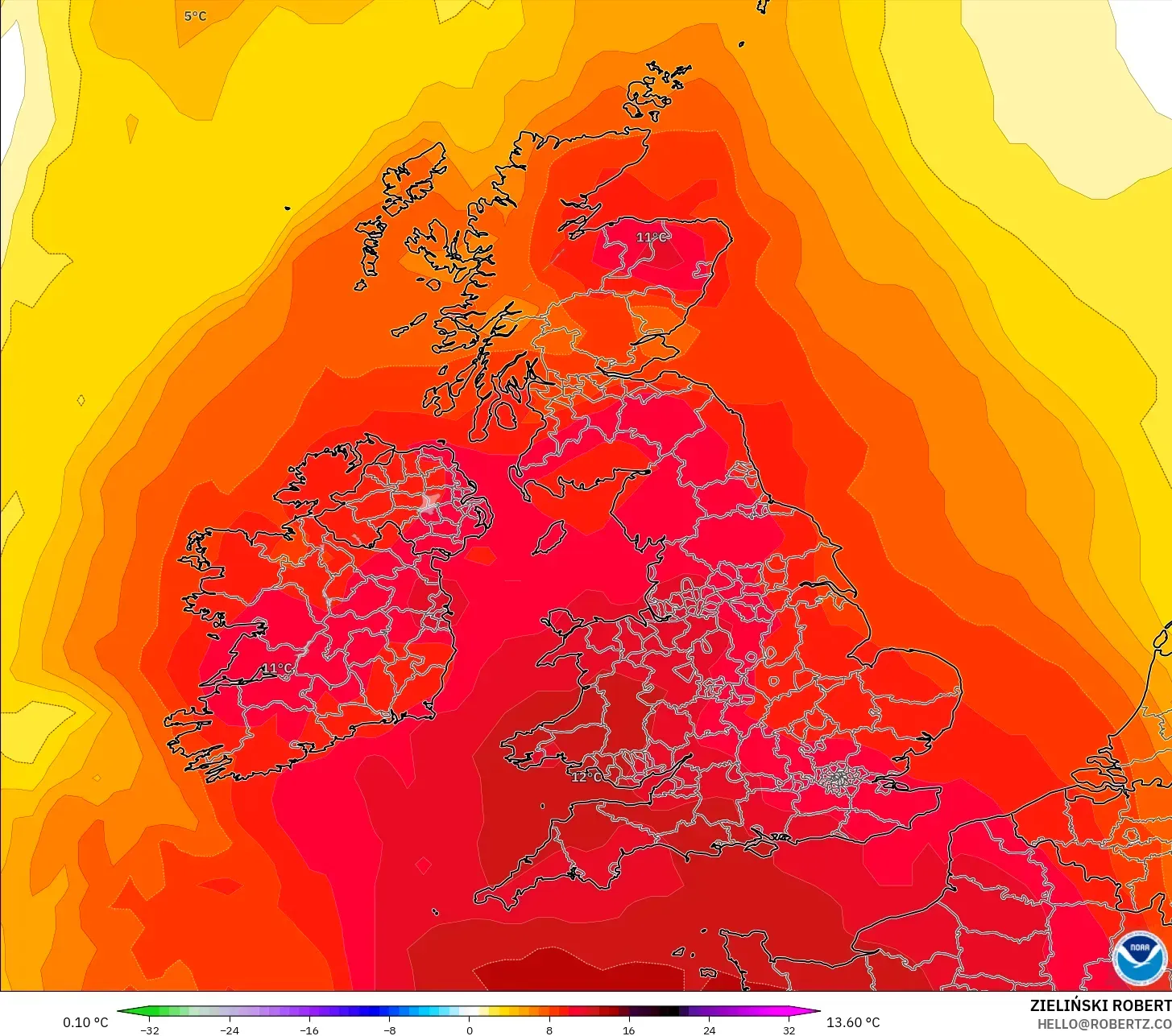 GFS modelo - Reino Unido, Anomalía de temperatura a 850 hPa