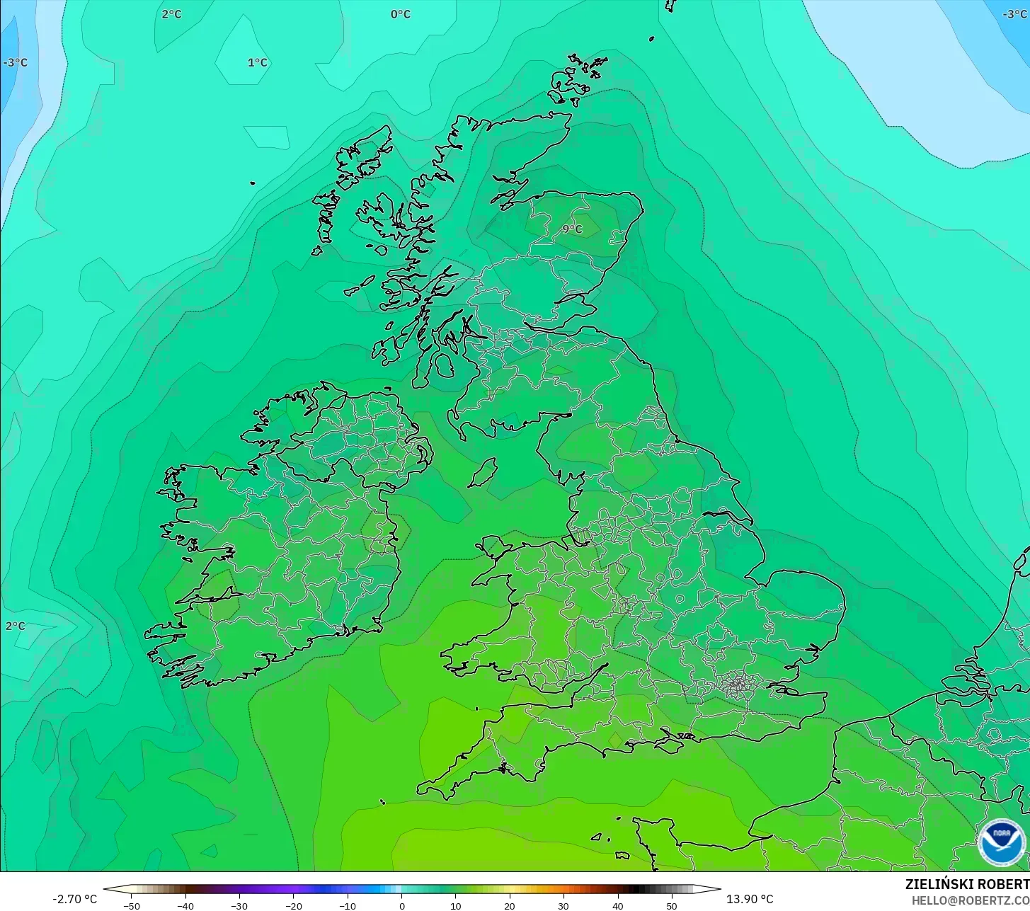 GFS modelo - Reino Unido, Temperatura a 850 hPa