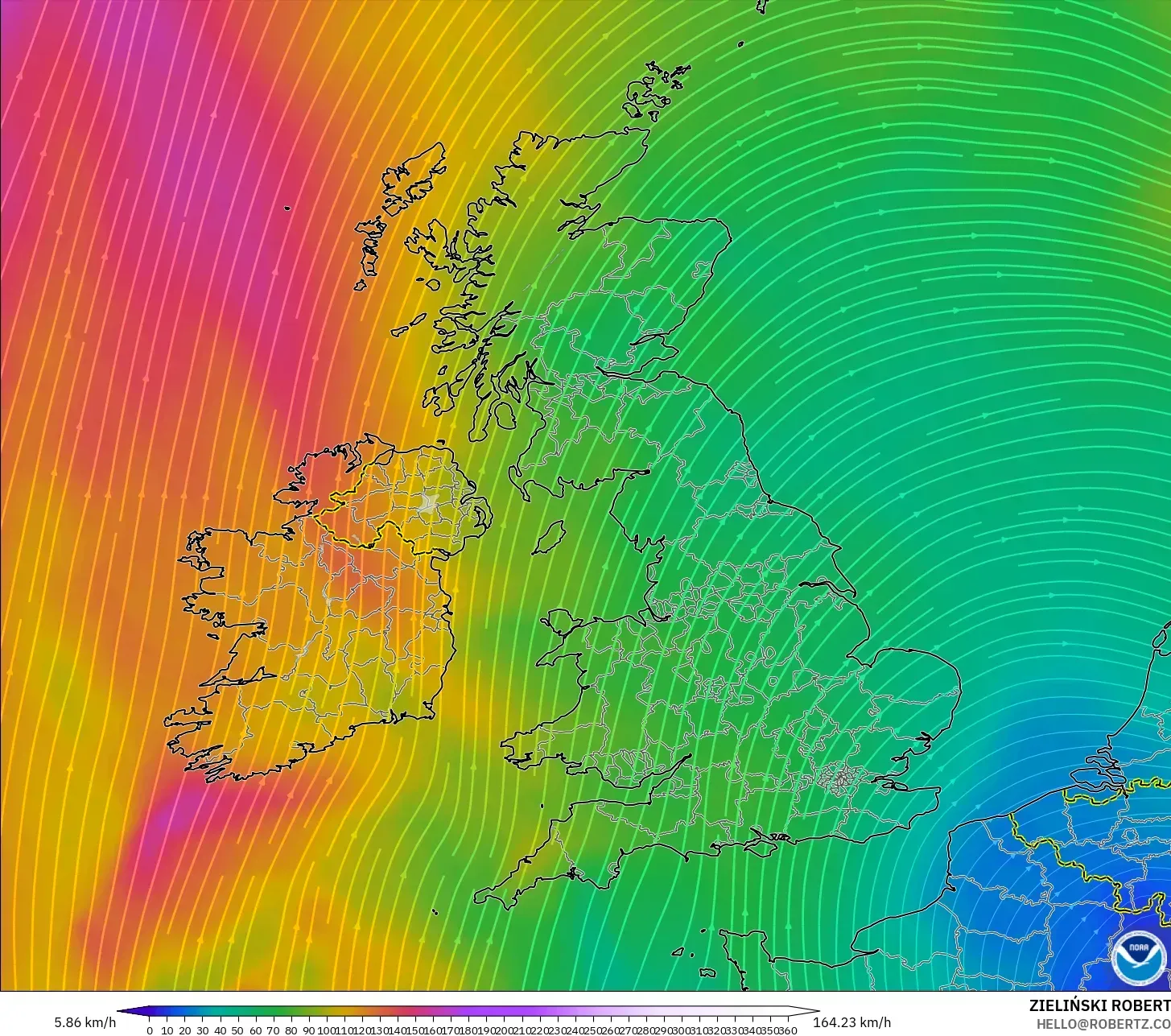 GFS modelo - Reino Unido, Viento a 300 hPa (corriente en chorro)