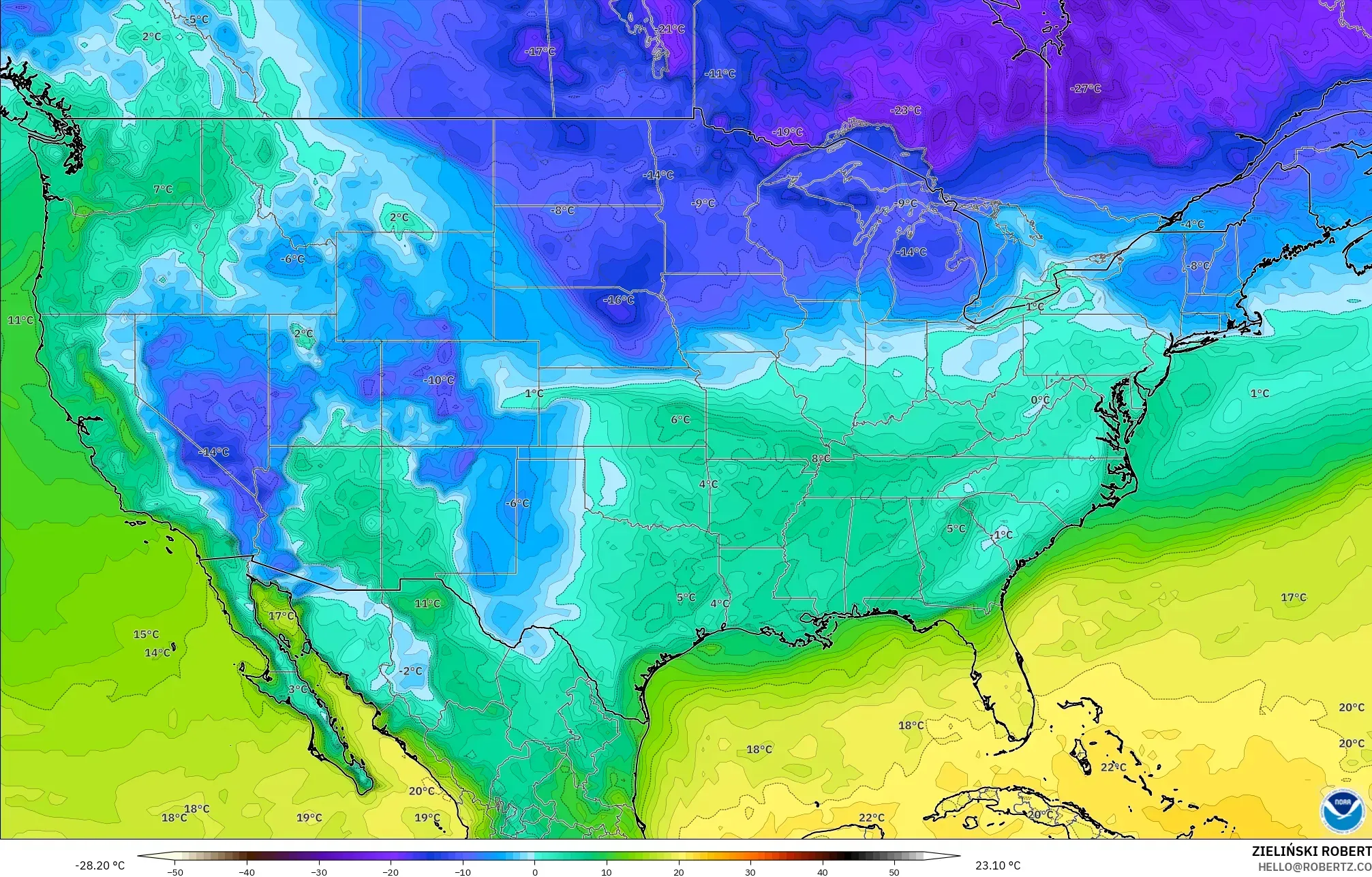 GFS modelo - Estados Unidos, Punto de rocío a 2 m