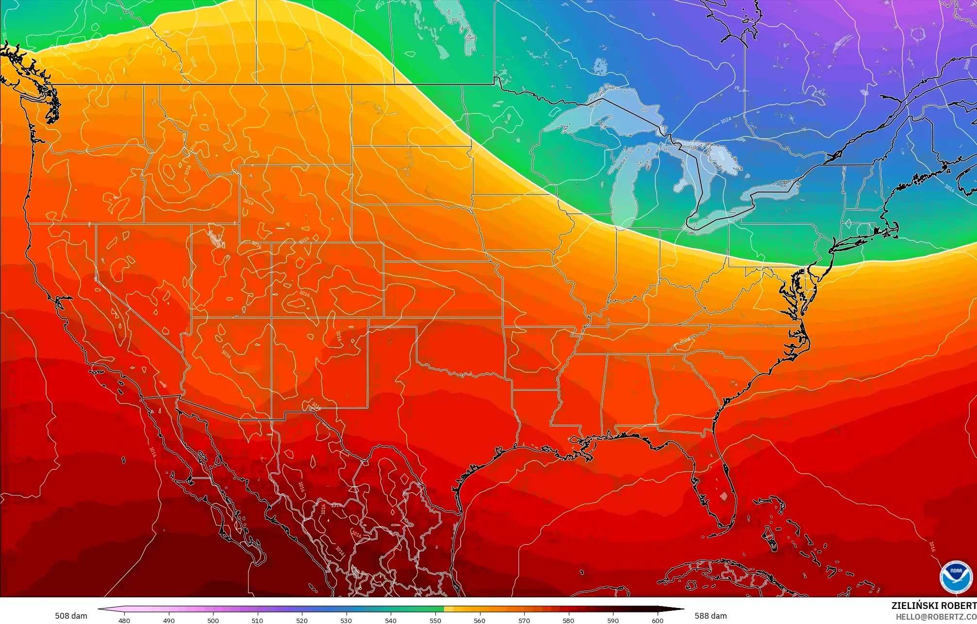 GFS modelo - Estados Unidos, Altura geopotencial a 500 hPa