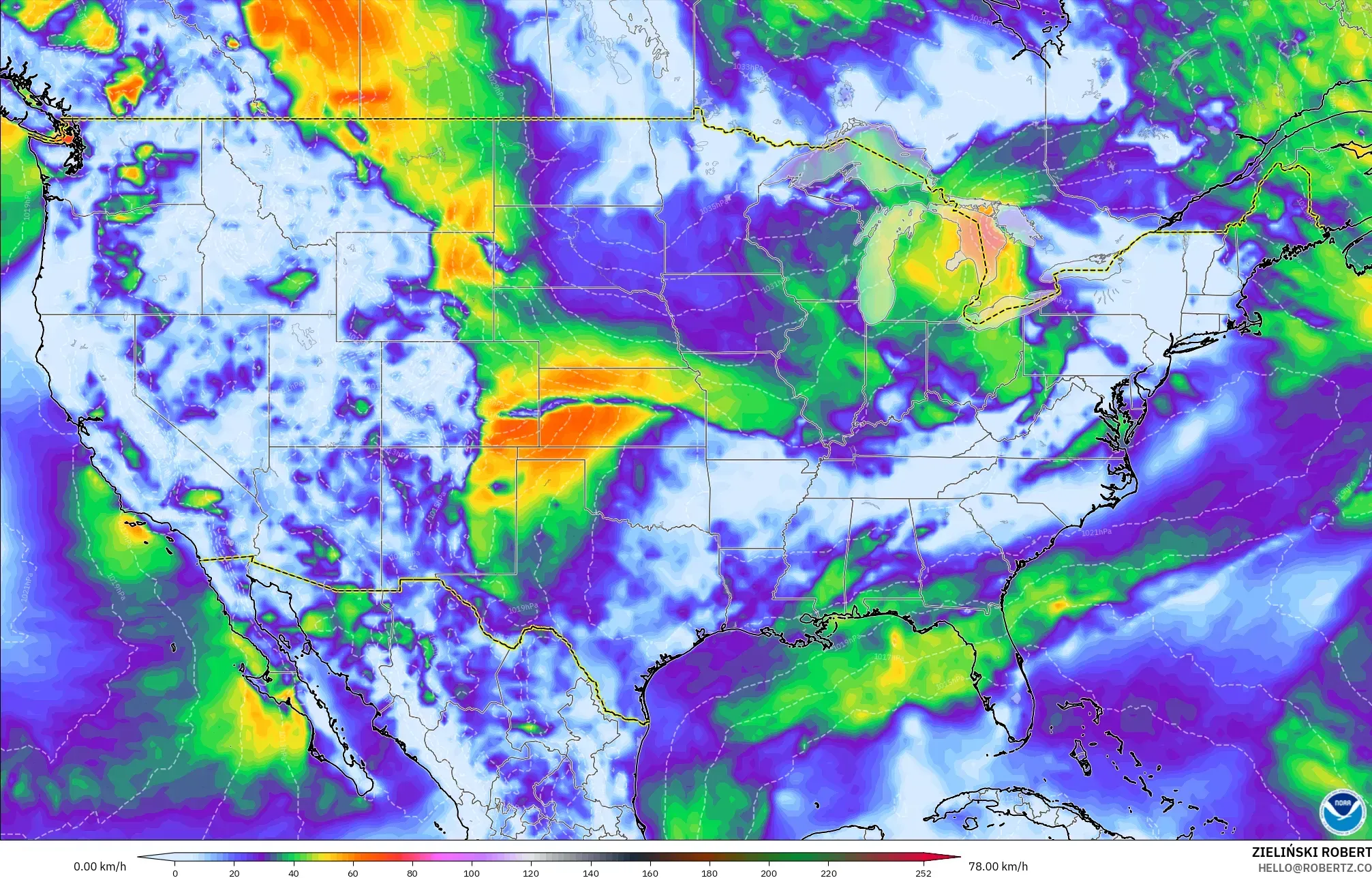 GFS modelo - Estados Unidos, Ráfagas de Viento Máximas