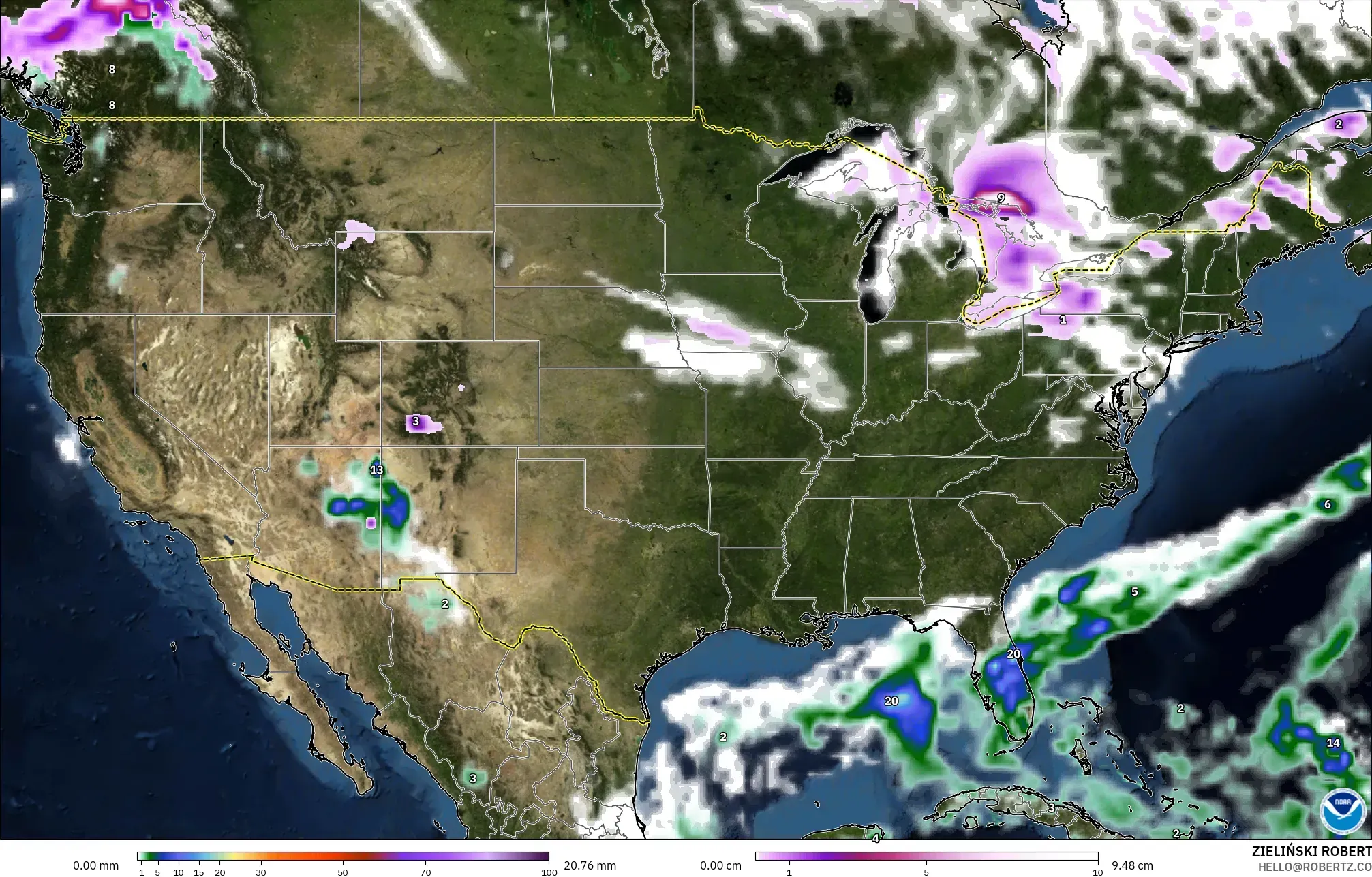 GFS modelo - Estados Unidos, Precipitación, nubes y presión