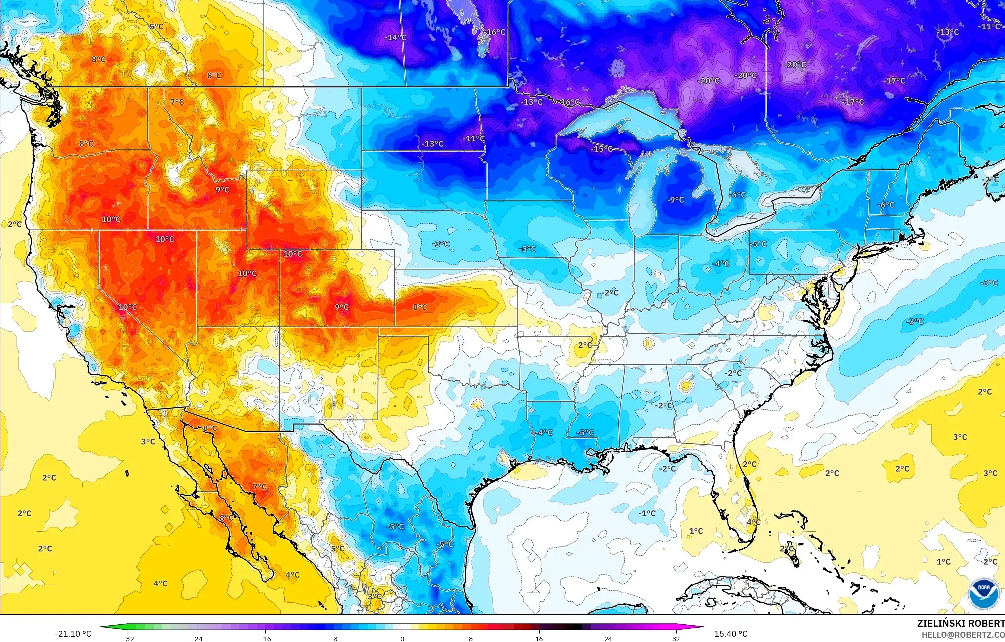 GFS modelo - Estados Unidos, Anomalía de temperatura a 2 m