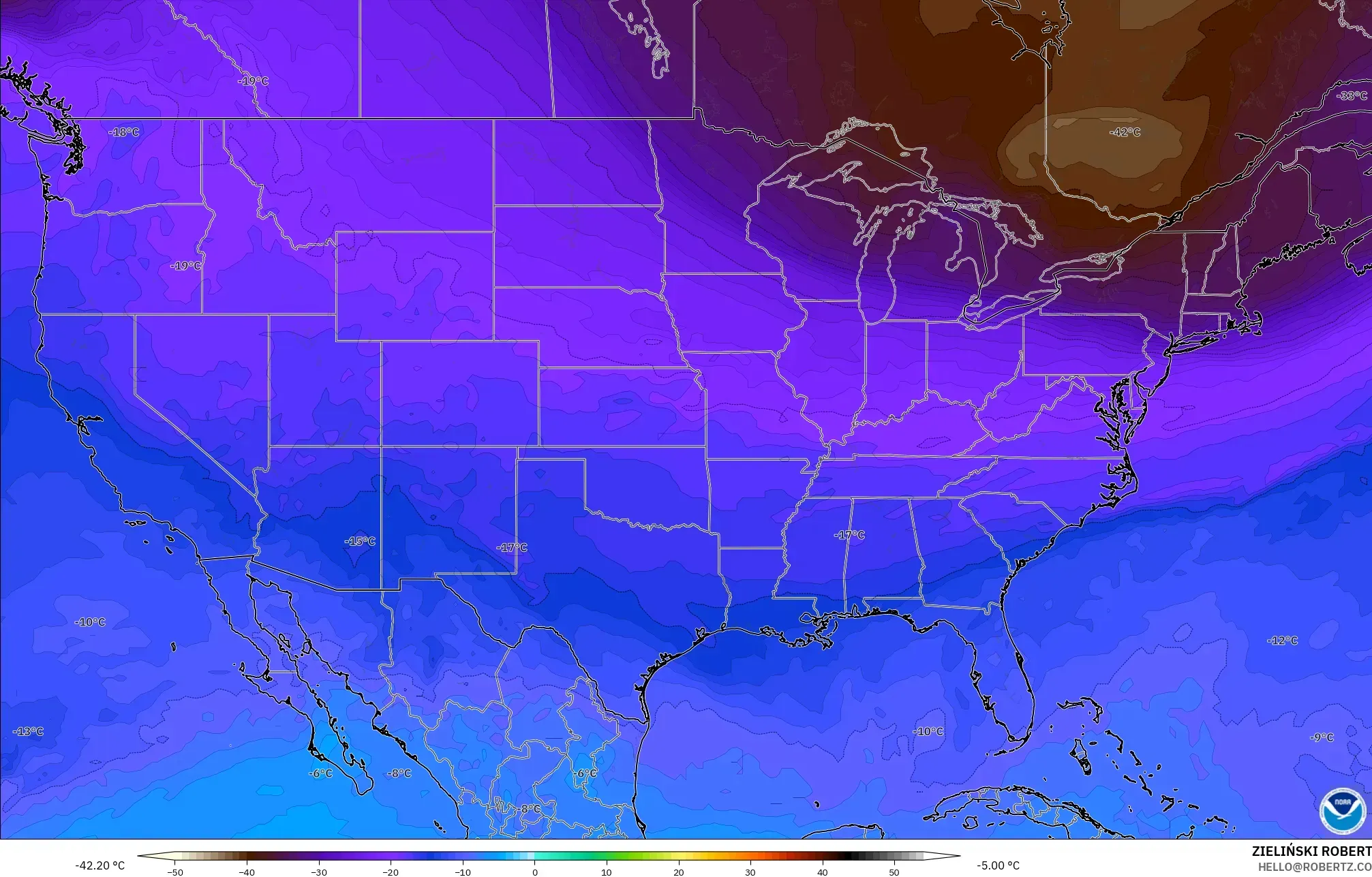 GFS modelo - Estados Unidos, Temperatura a 500 hPa