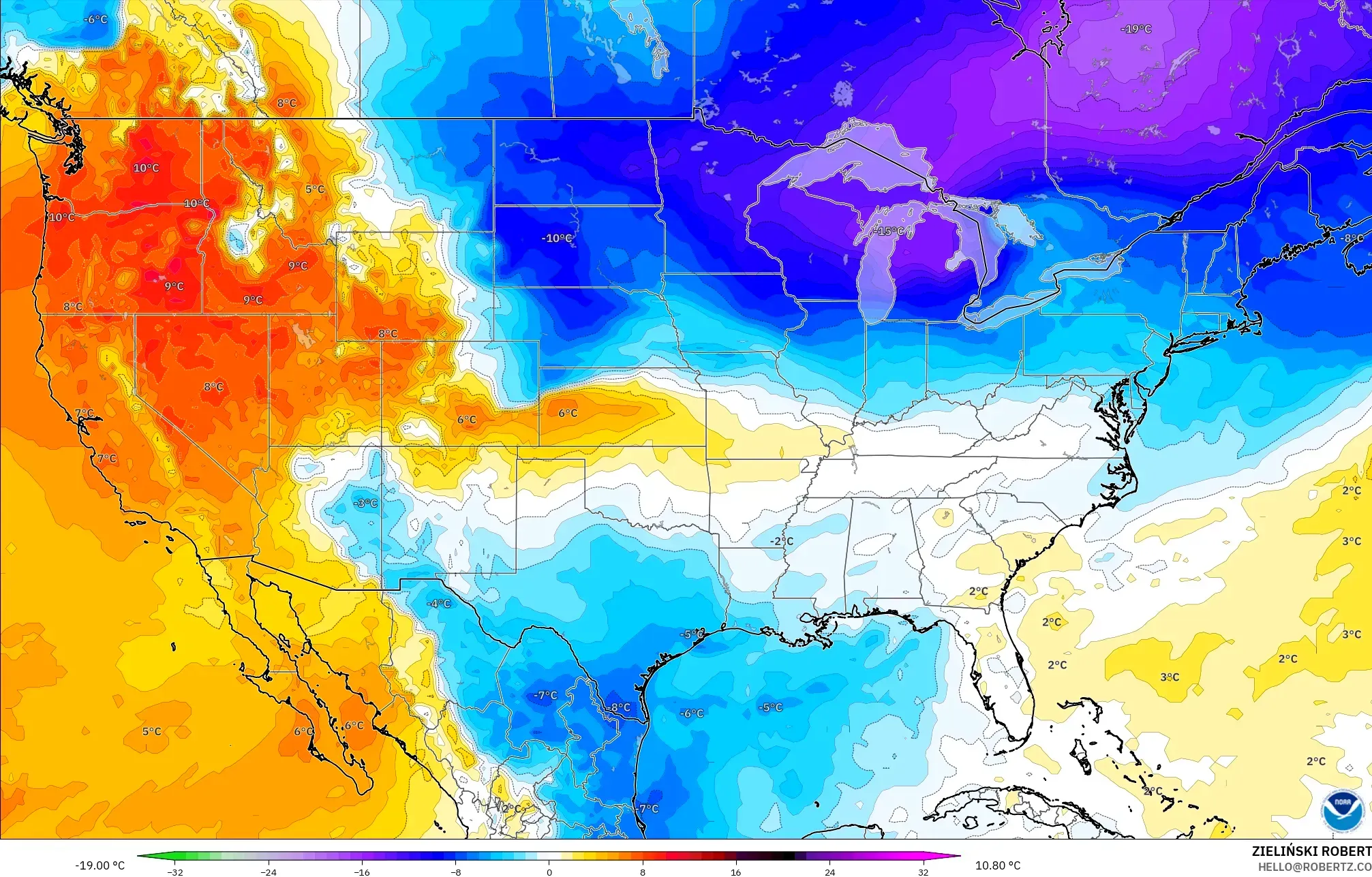 GFS modelo - Estados Unidos, Anomalía de temperatura a 850 hPa