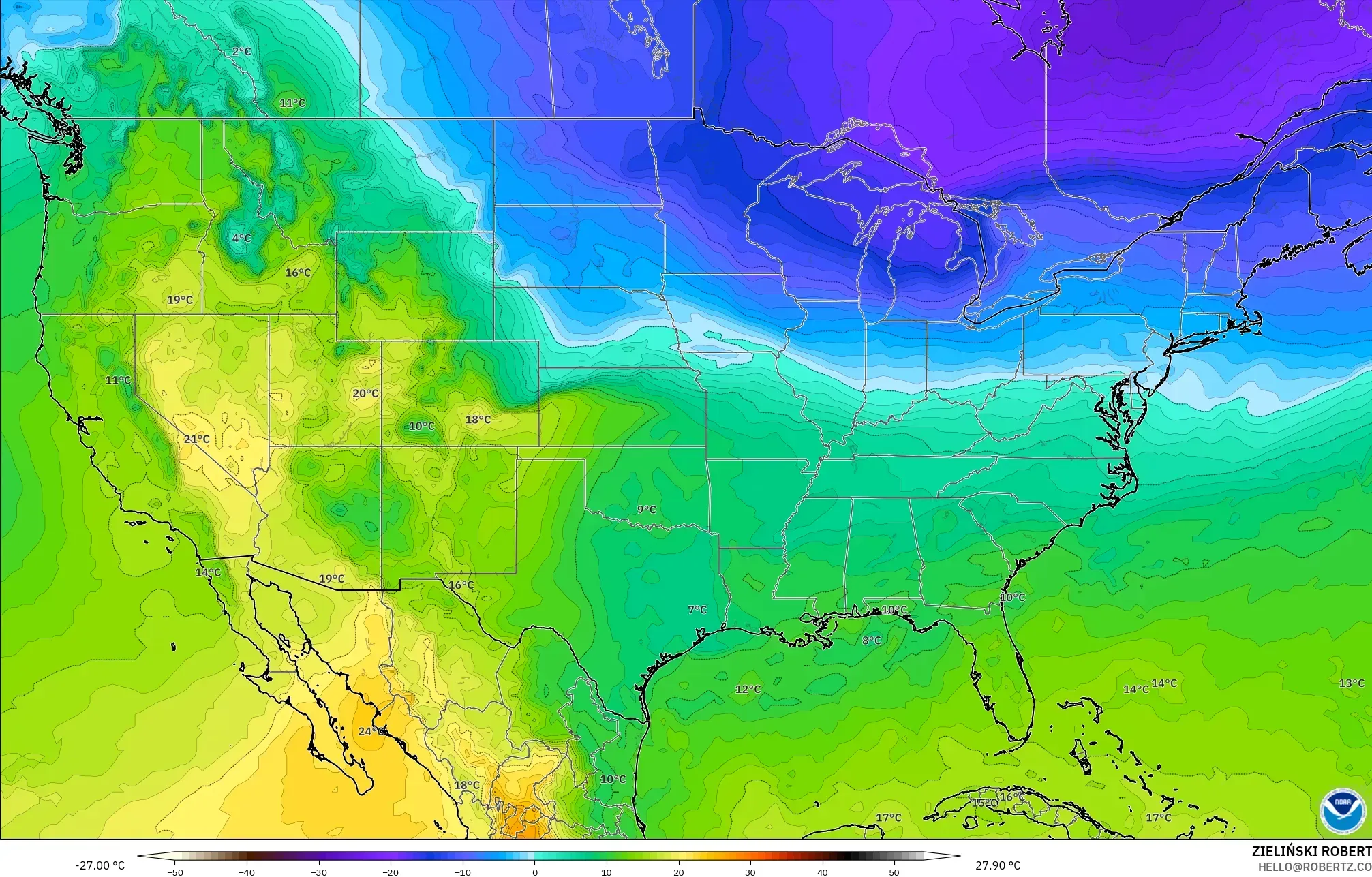 GFS modelo - Estados Unidos, Temperatura a 850 hPa