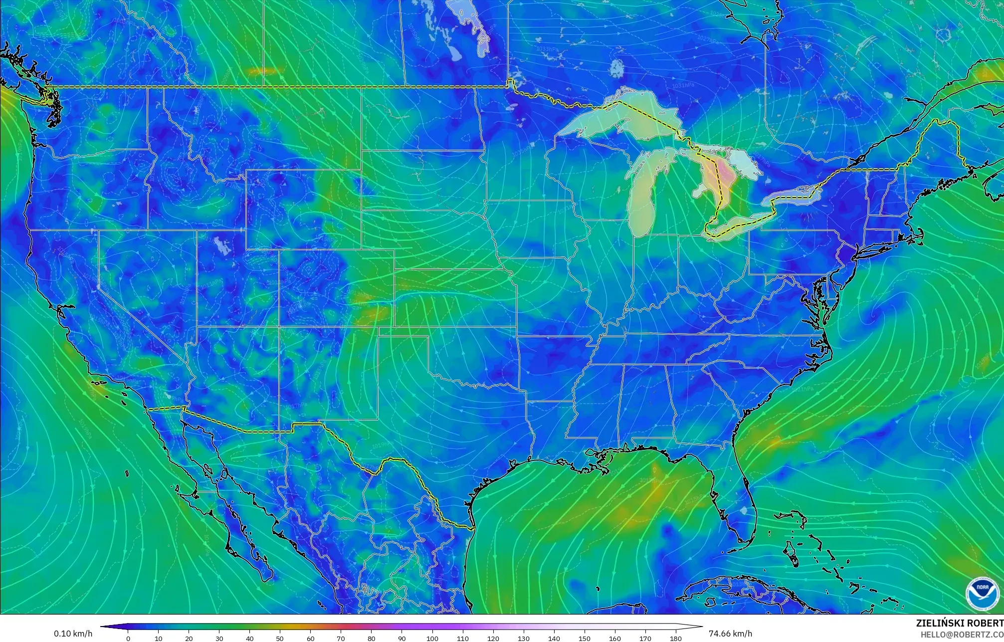 GFS modelo - Estados Unidos, Viento a 10 m