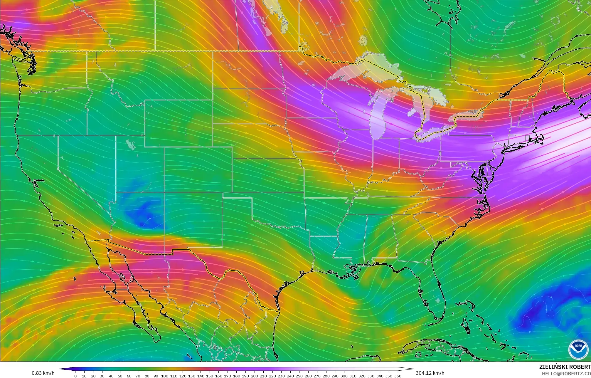 GFS modelo - Estados Unidos, Viento a 300 hPa (corriente en chorro)