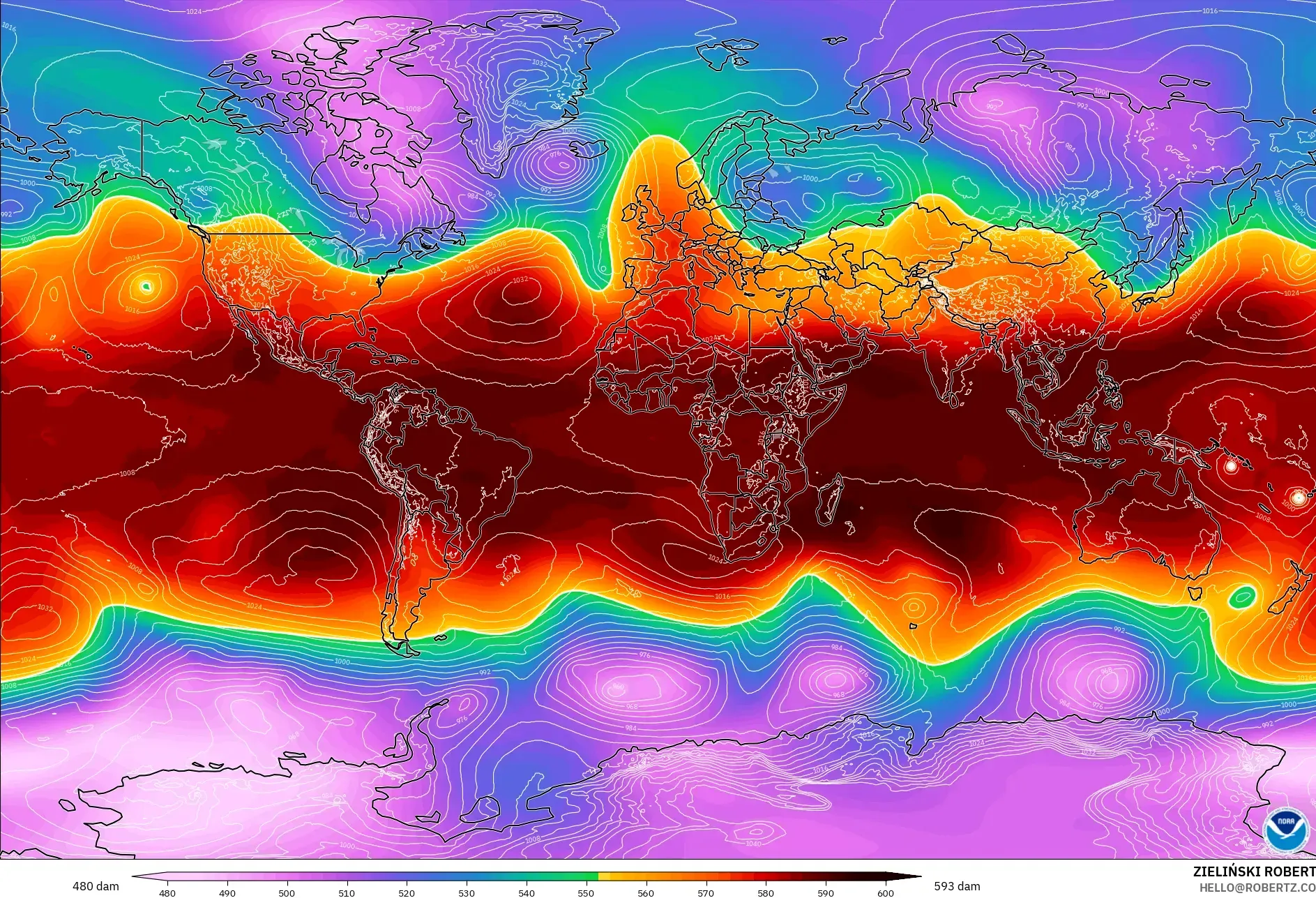 GFS modelo - Mundo, Altura geopotencial a 500 hPa