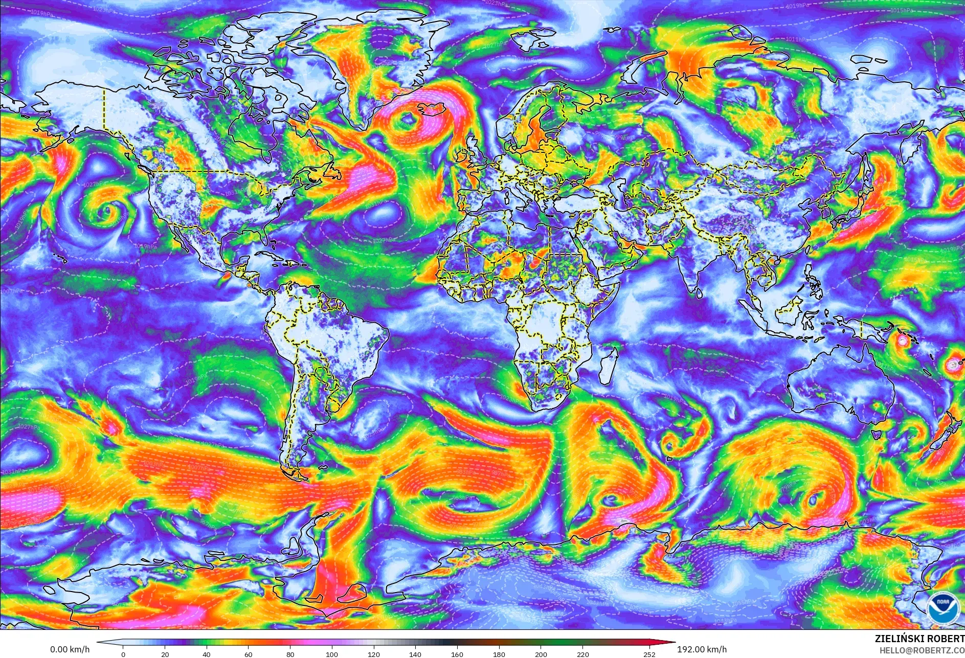 GFS modelo - Mundo, Ráfagas de viento