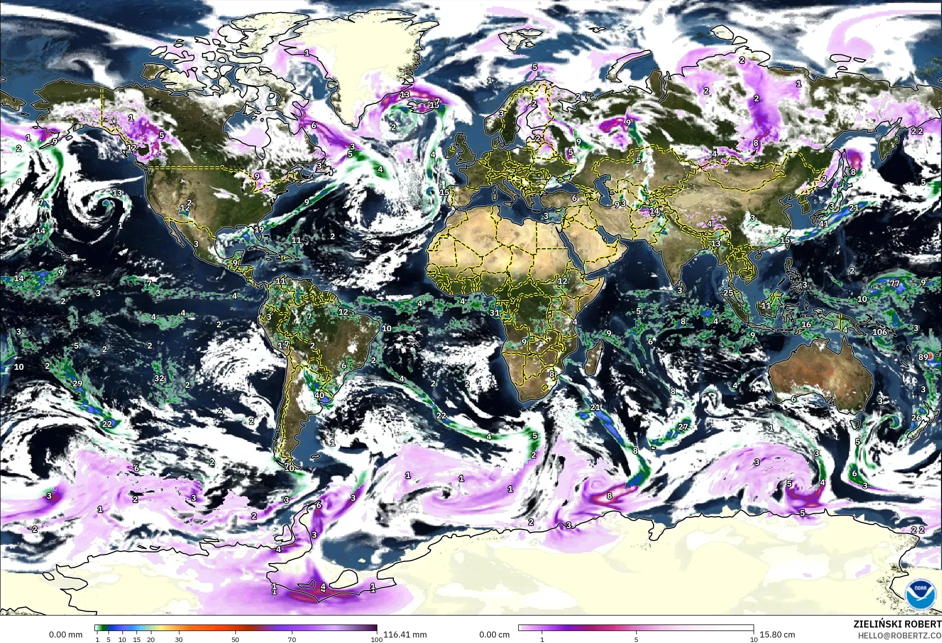 GFS modelo - Mundo, Precipitación, nubes y presión