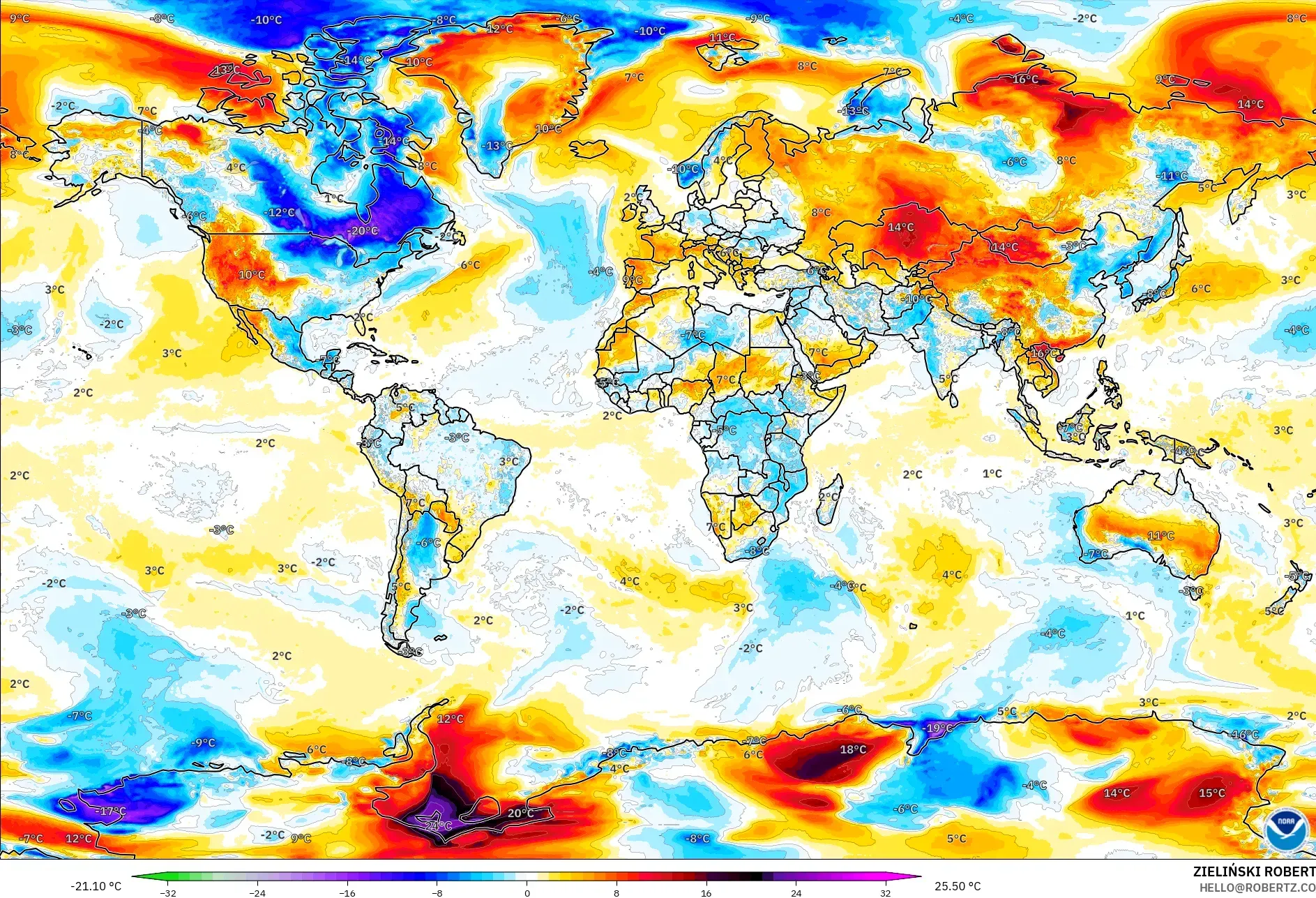 GFS modelo - Mundo, Anomalía de temperatura a 2 m