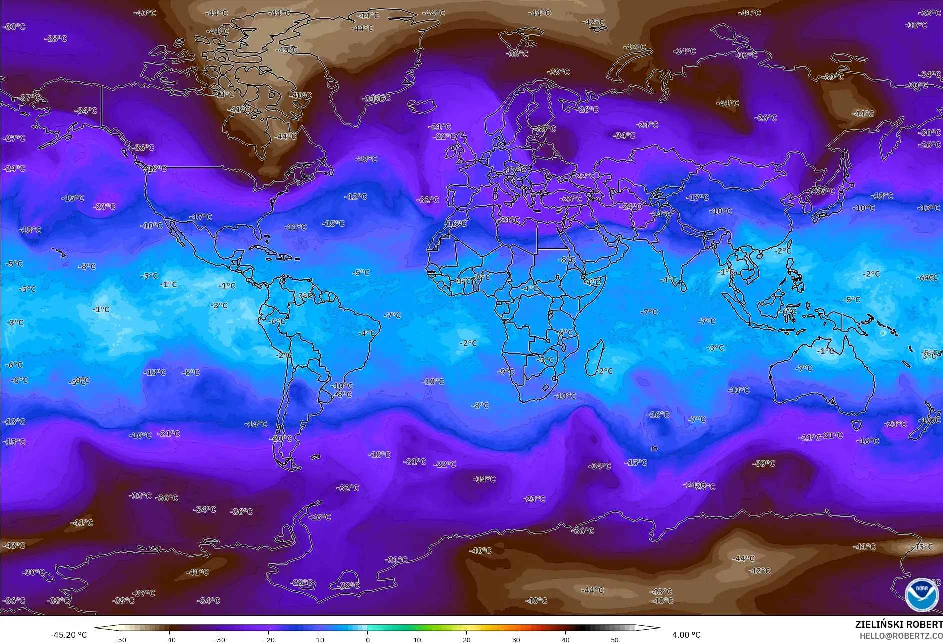 GFS modelo - Mundo, Temperatura a 500 hPa
