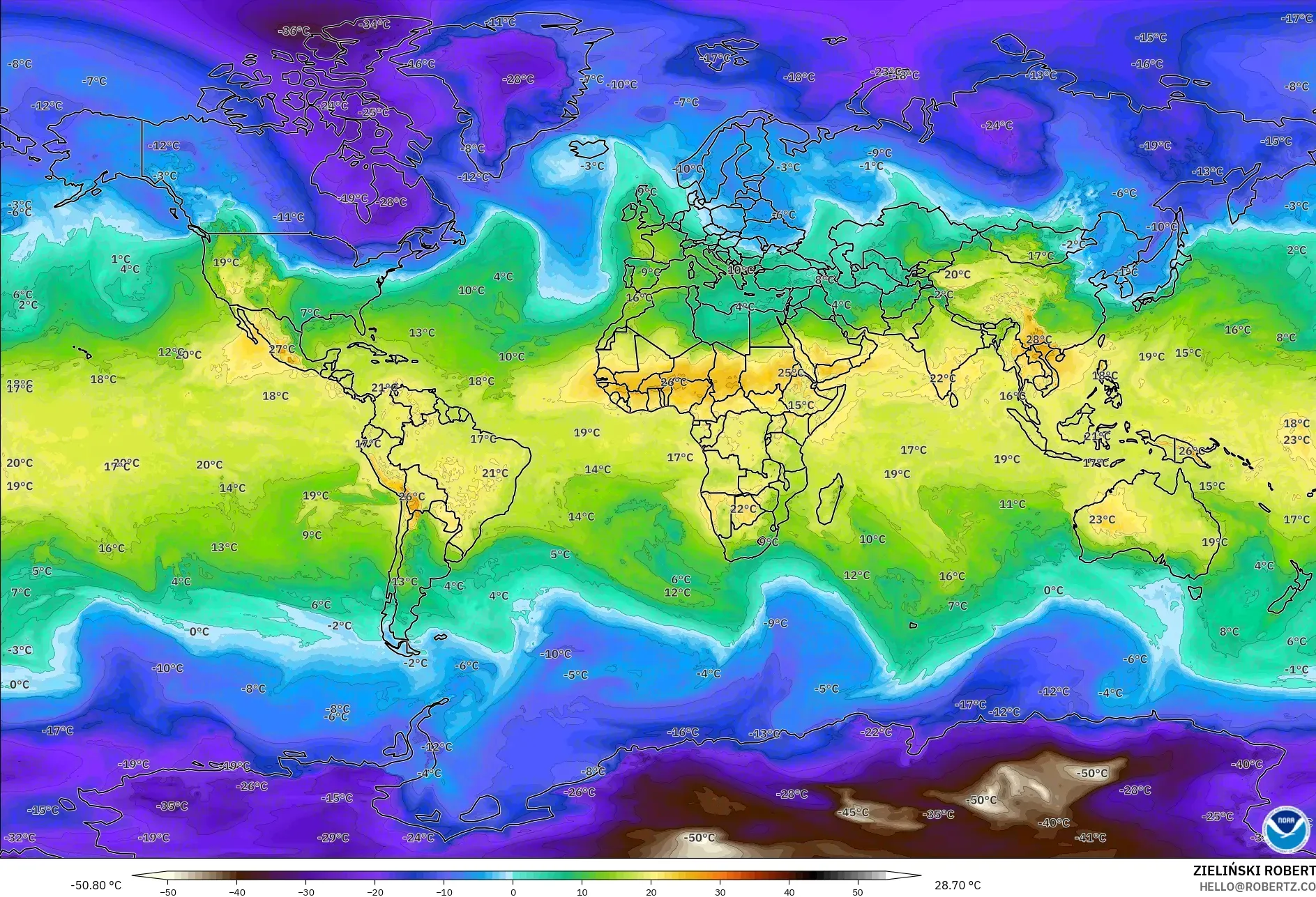 GFS modelo - Mundo, Temperatura a 850 hPa