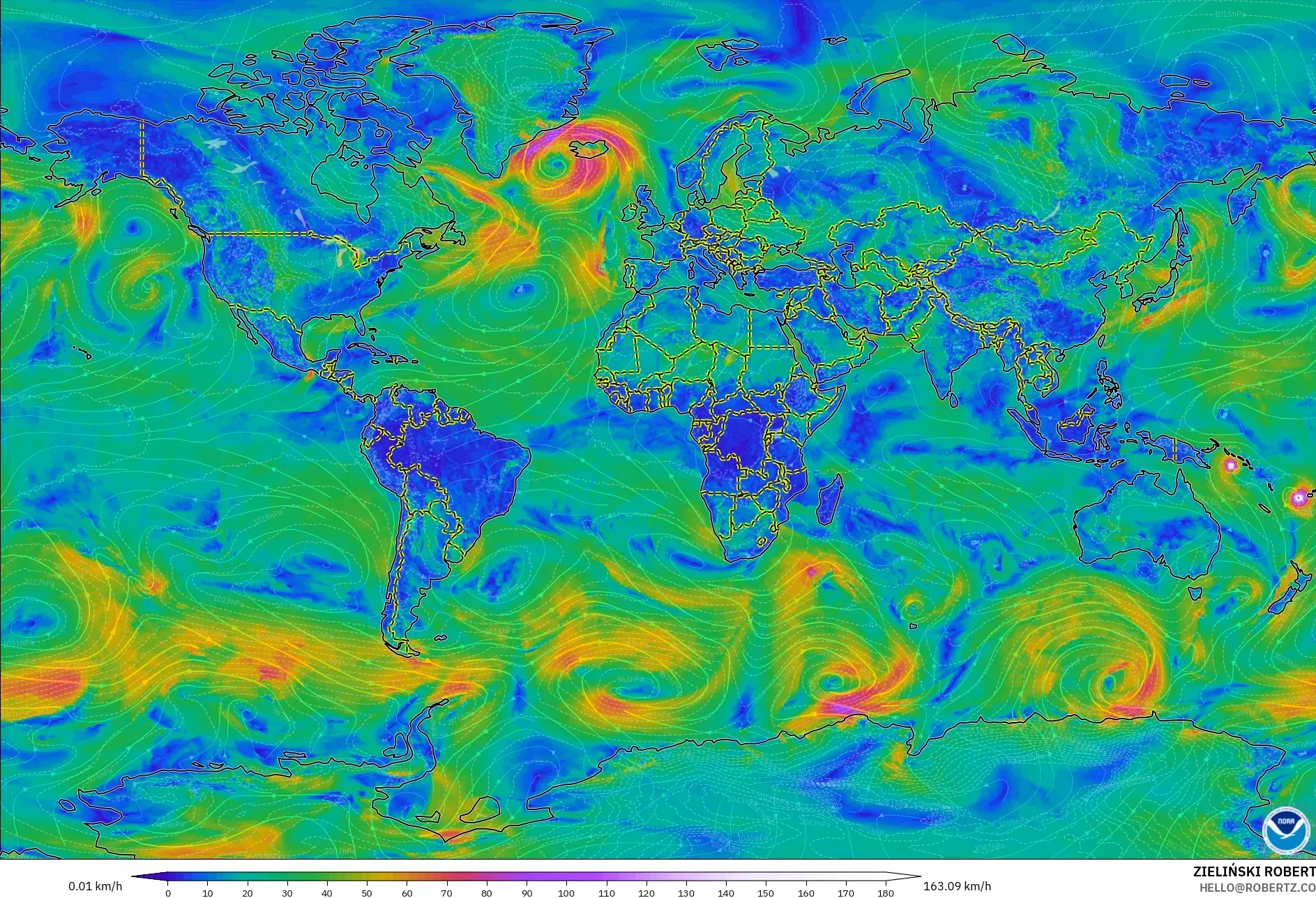 GFS modelo - Mundo, Viento a 10 m