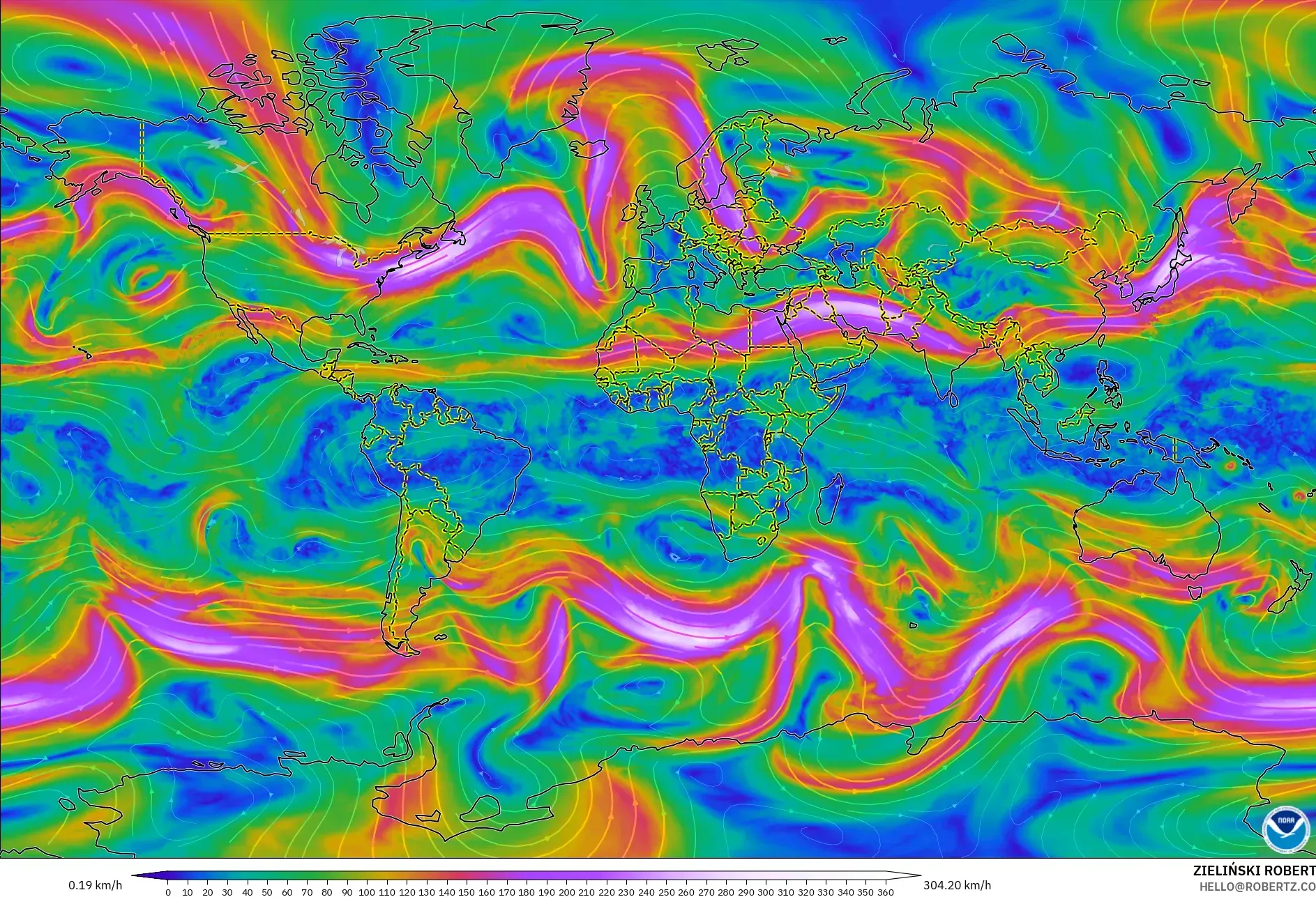 GFS modelo - Mundo, Viento a 300 hPa (corriente en chorro)