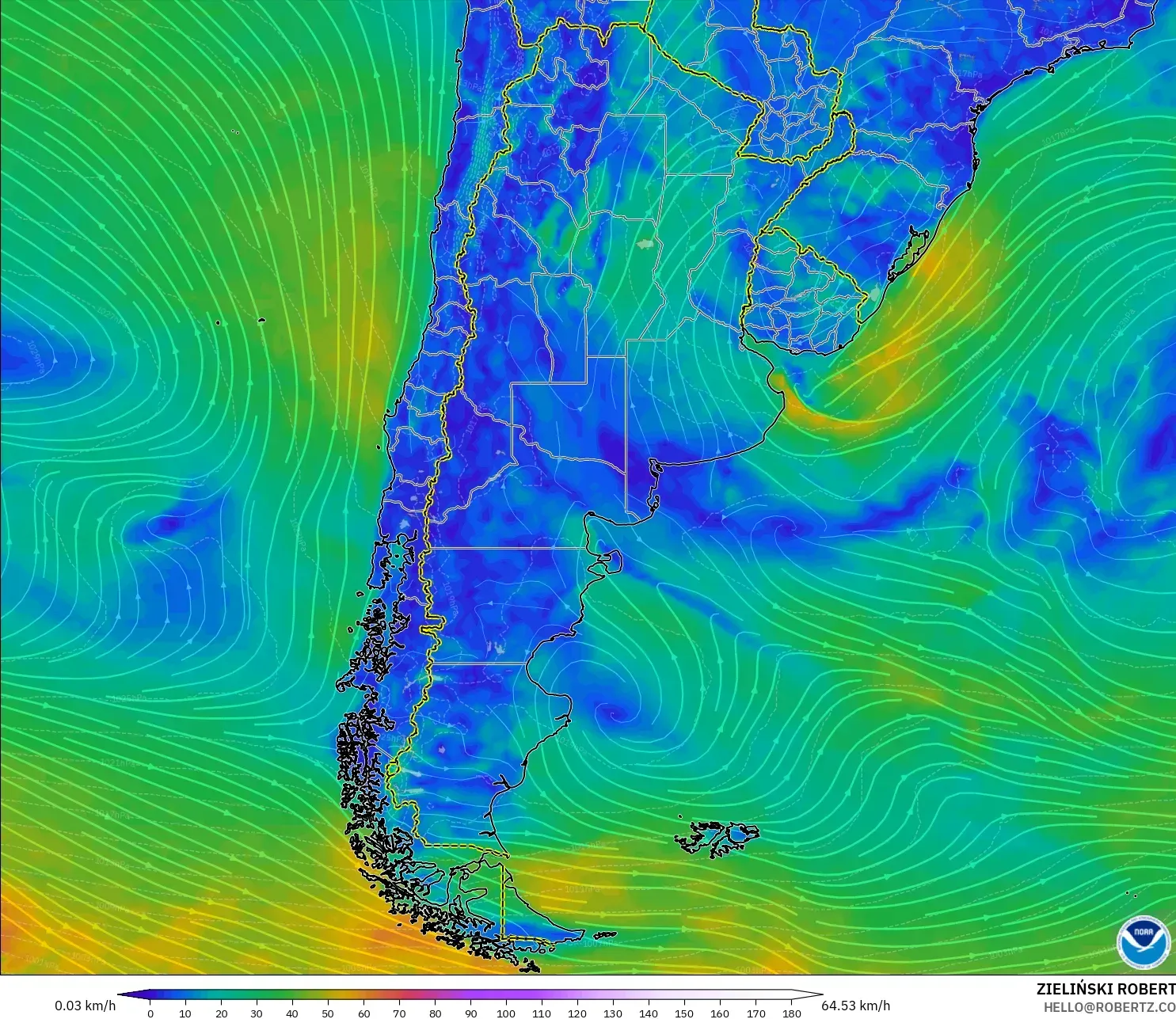 GFS modelo - Argentina, Viento a 10 m
