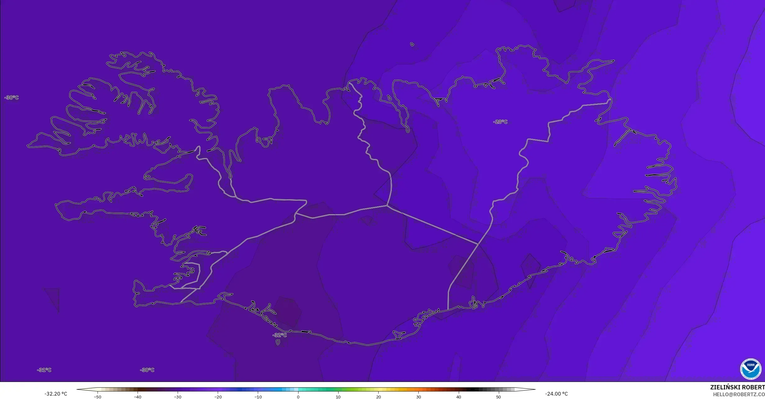 GFS modelo - Islandia, Temperatura a 500 hPa