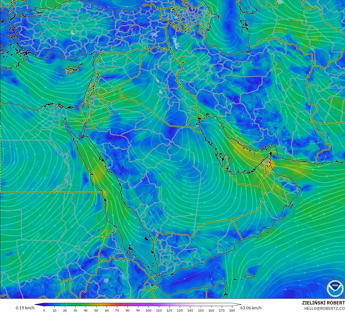 GFS modelo - Oriente Medio, Viento a 10 m