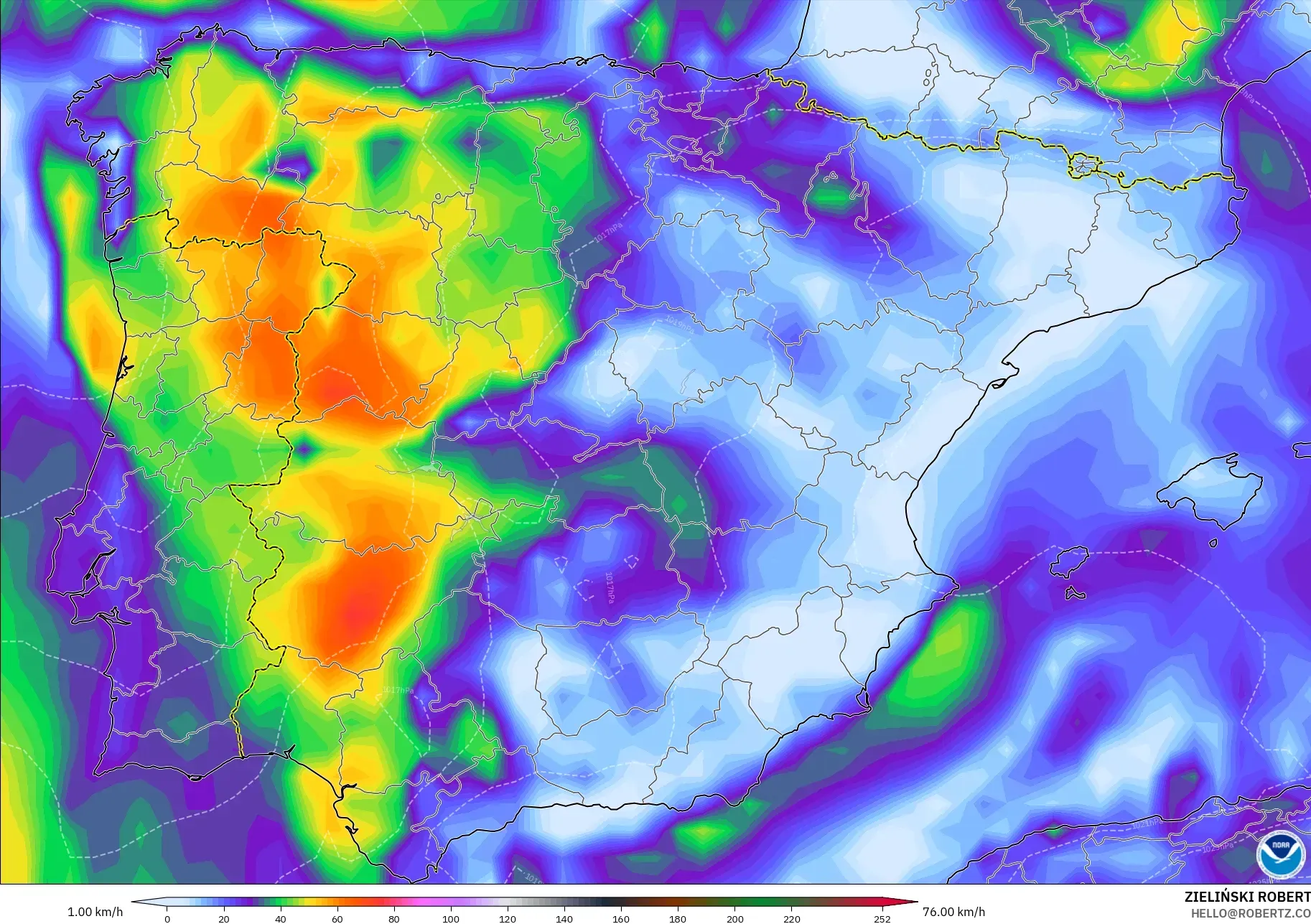 GFS modelo - España, Ráfagas de viento