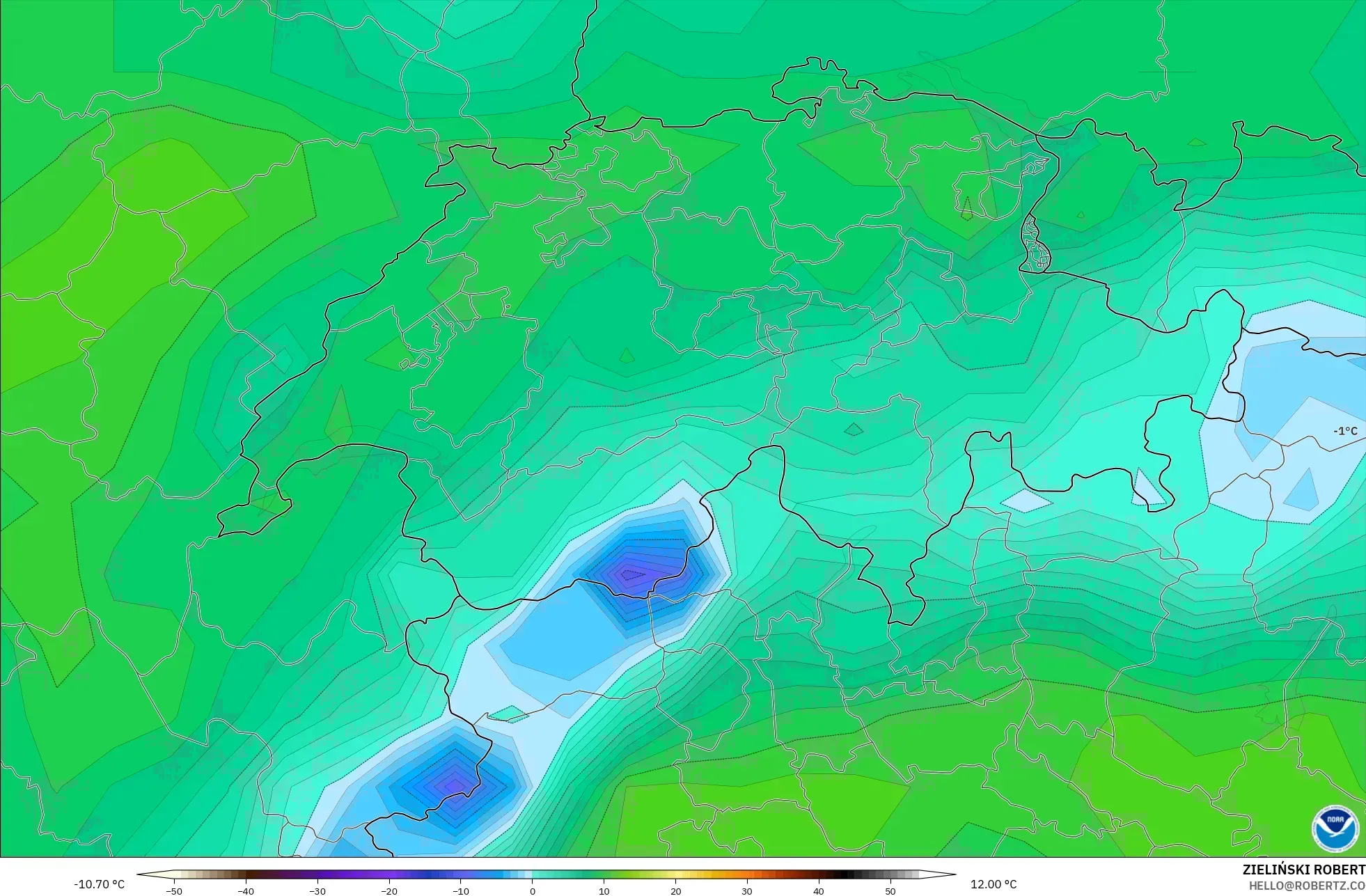 GFS modelo - Suiza, Punto de rocío a 2 m