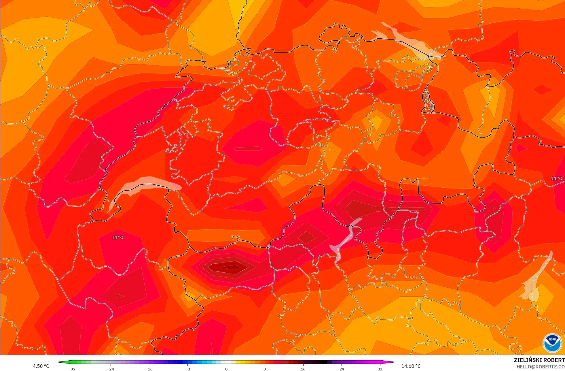 GFS modelo - Suiza, Anomalía de temperatura a 2 m