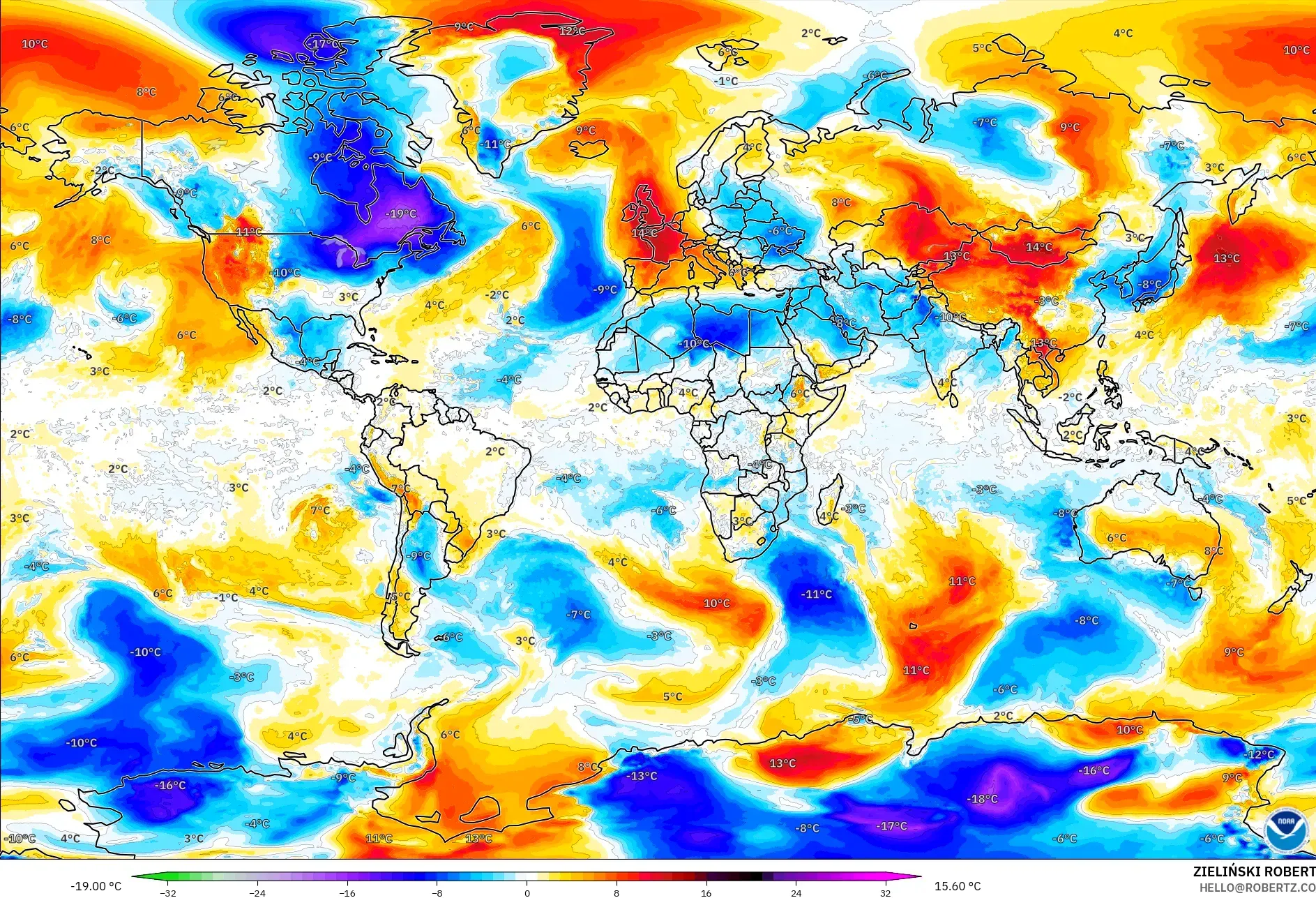 GFS modelo - Mundo, Anomalía de temperatura a 850 hPa