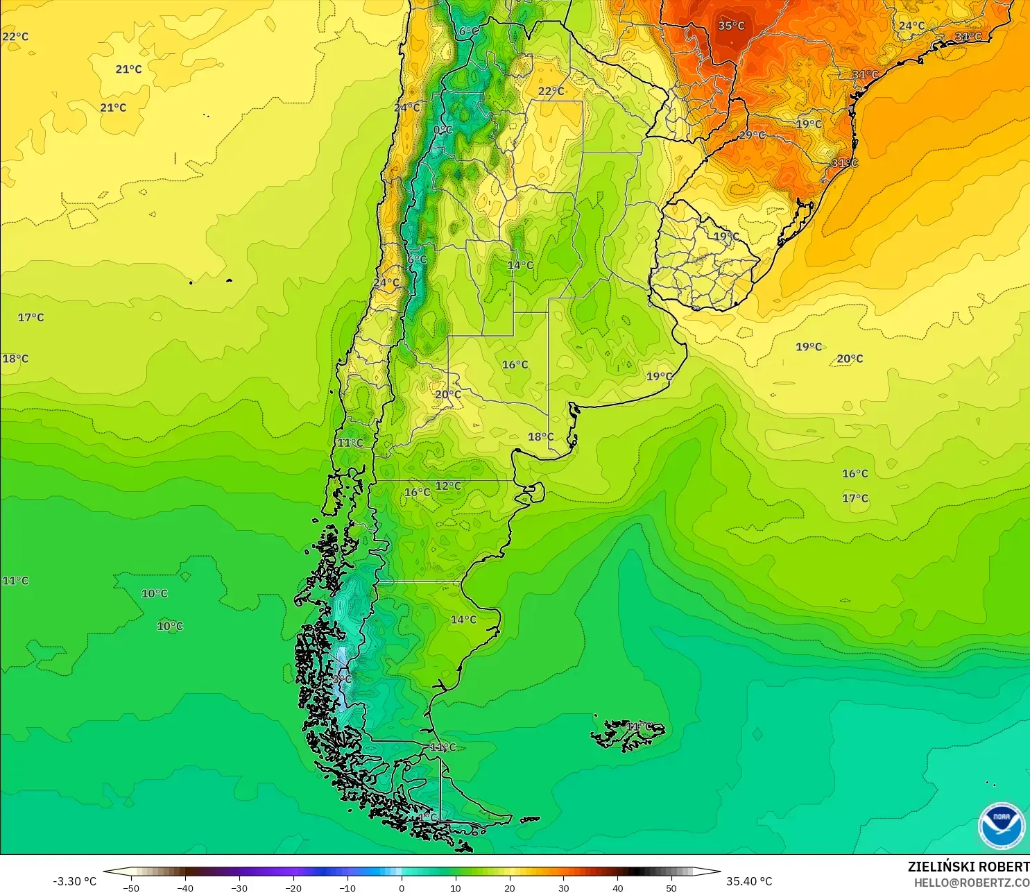 GFS modelo - Argentina, Temperatura a 2 m