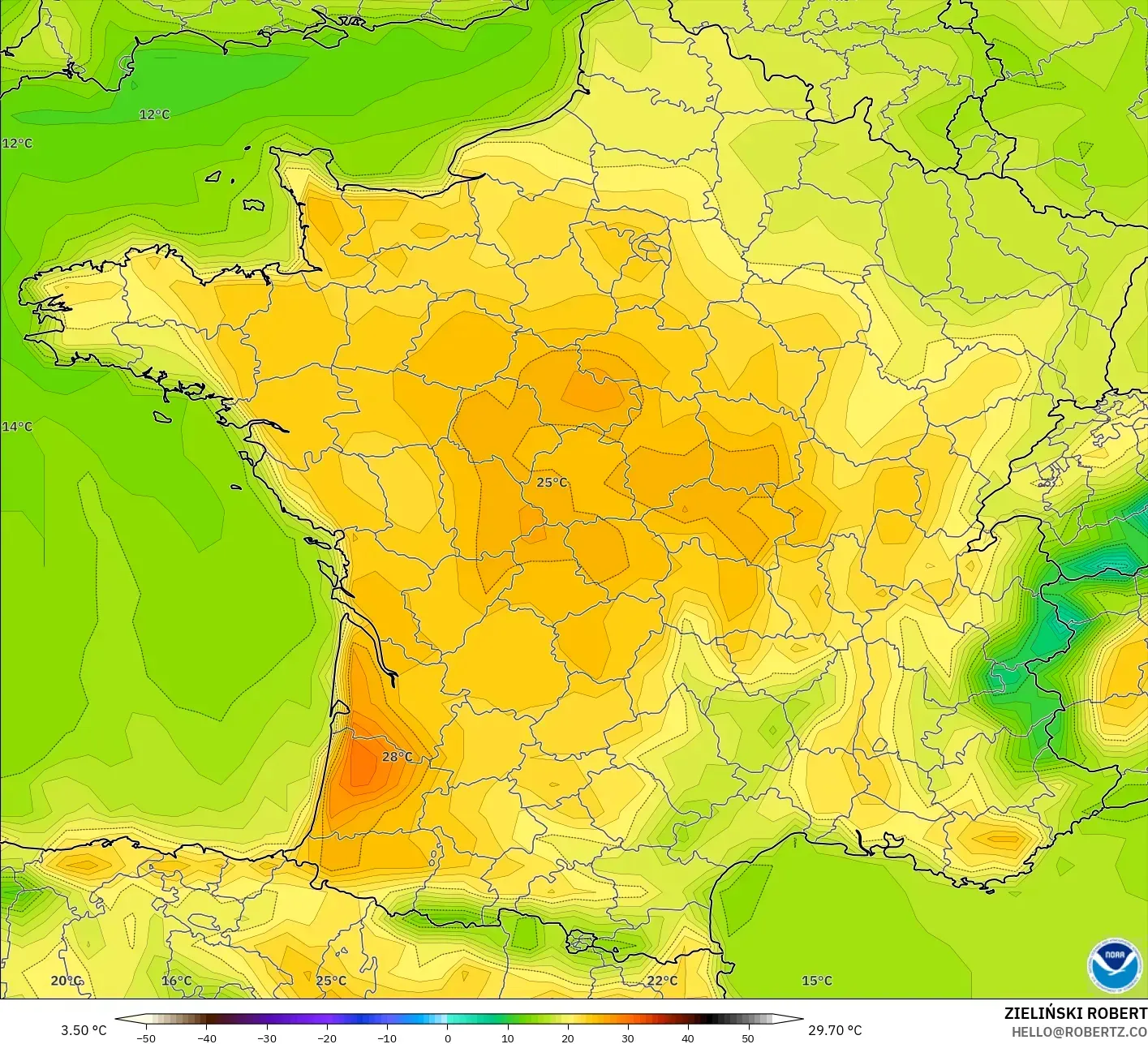 GFS modelo - Francia, Temperatura a 2 m