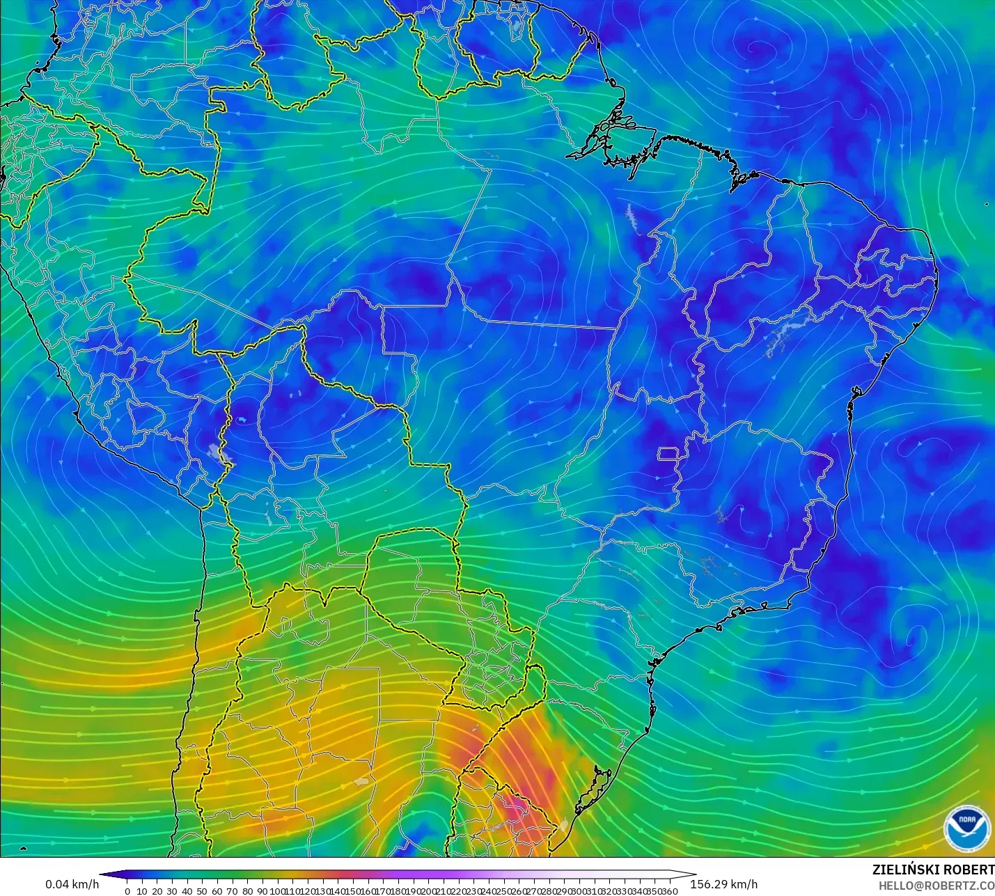 GFS modelo - Brasil, Viento a 300 hPa (corriente en chorro)