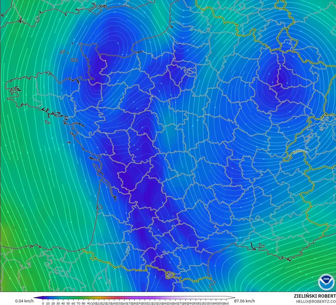 GFS modelo - Francia, Viento a 300 hPa (corriente en chorro)