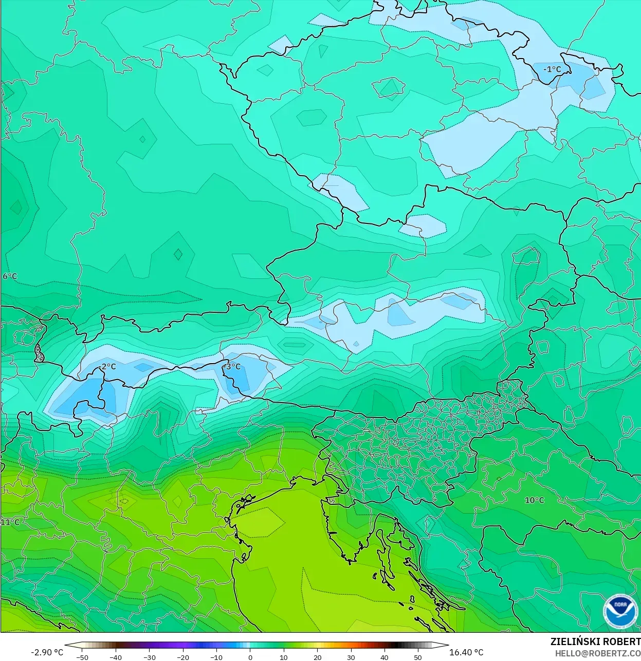 GFS modelo - Austria, Temperatura a 2 m