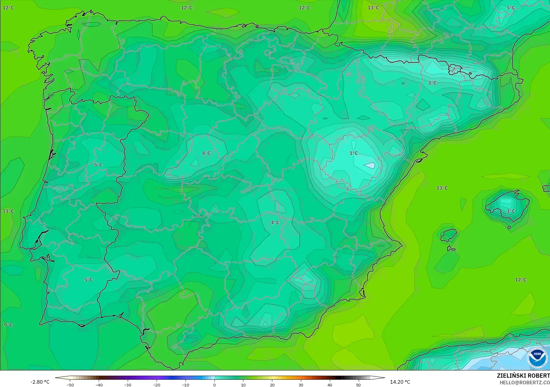 GFS modelo - España, Punto de rocío a 2 m
