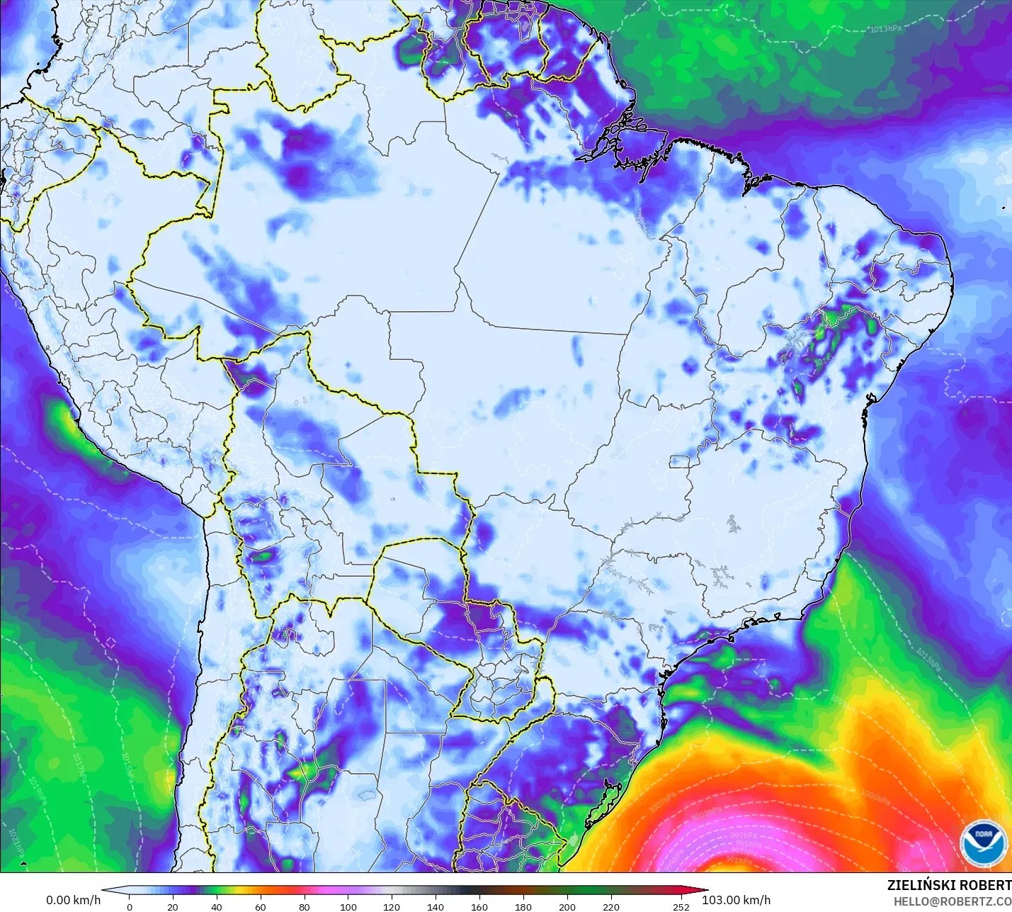 GFS modelo - Brasil, Ráfagas de viento