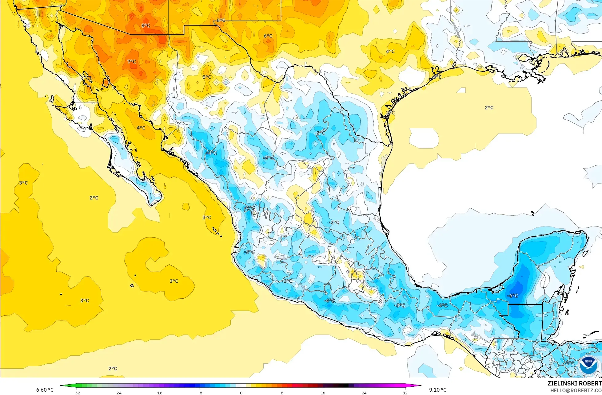 GFS modelo - México, Anomalía de temperatura a 2 m