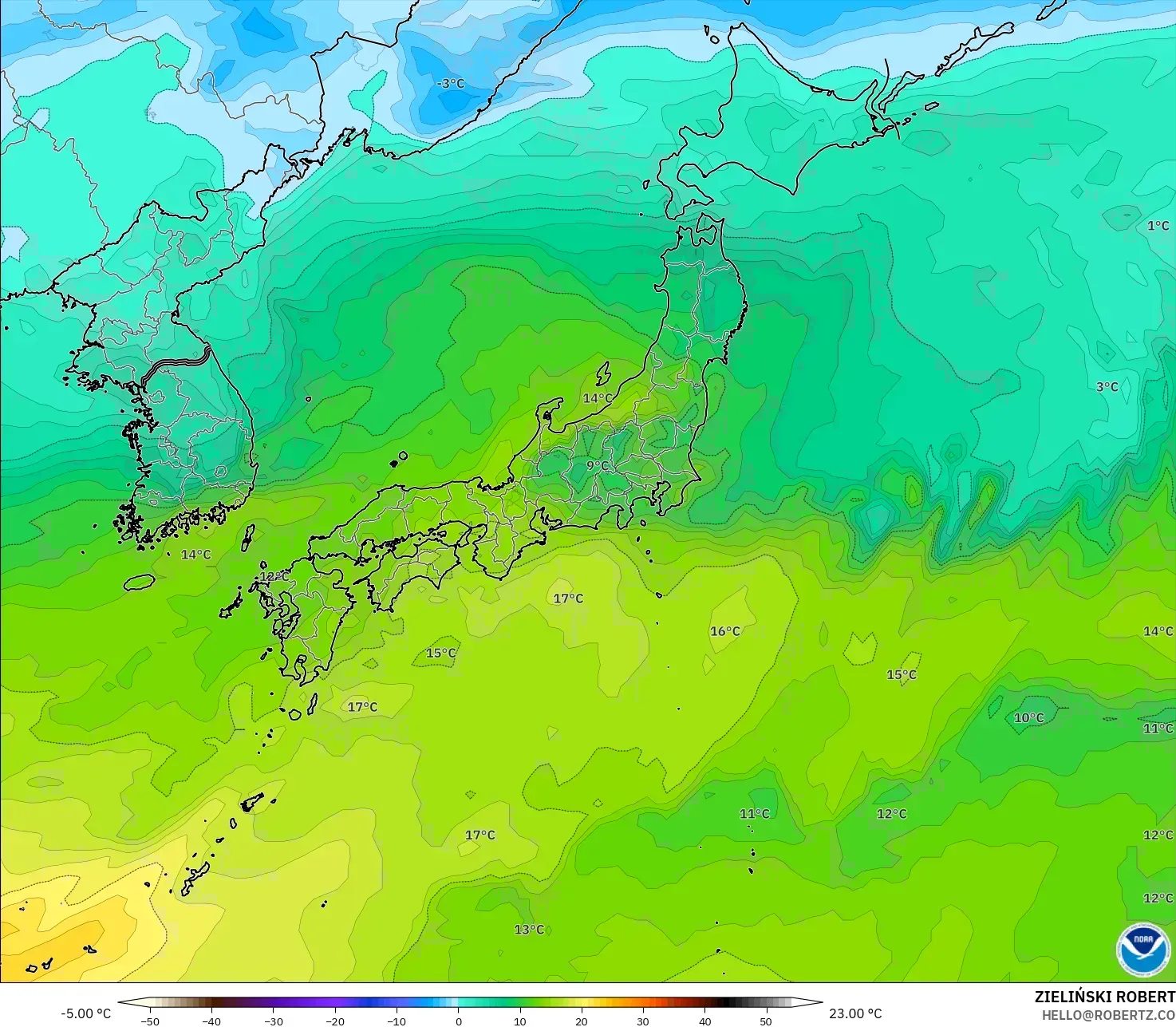 GFS modelo - Japón, Temperatura a 850 hPa