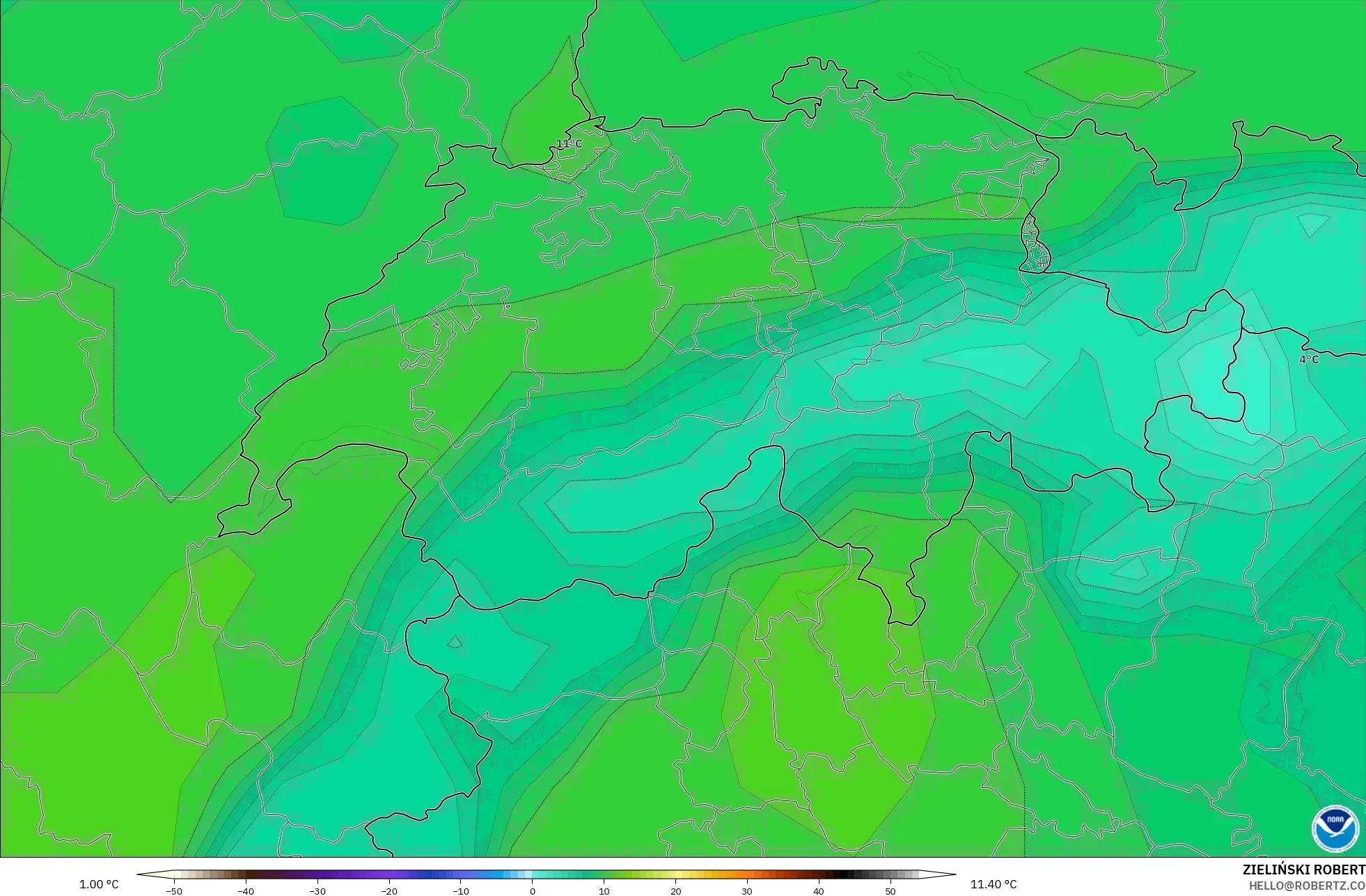 GFS modelo - Suiza, Temperatura a 850 hPa