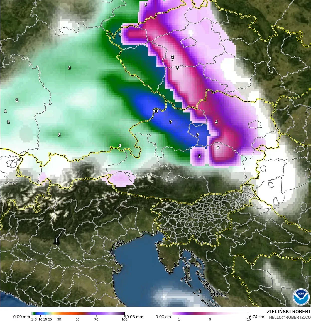 GFS modelo - Austria, Precipitación, nubes y presión