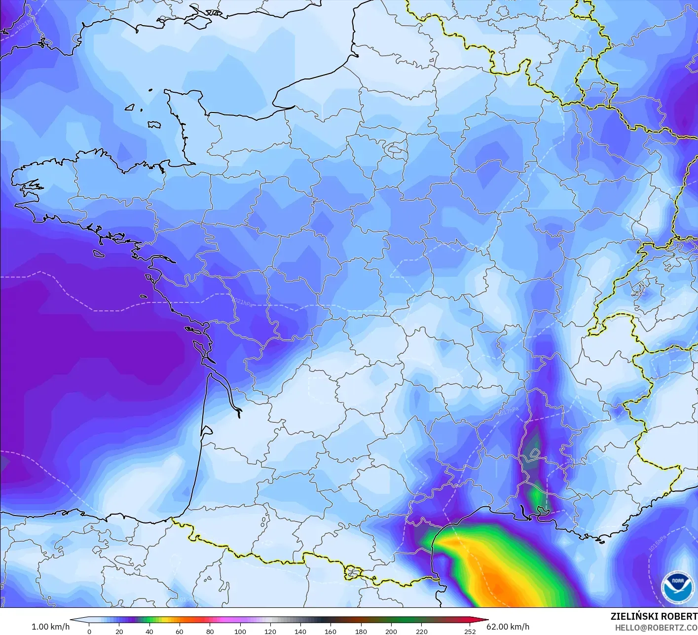 GFS modelo - Francia, Ráfagas de viento
